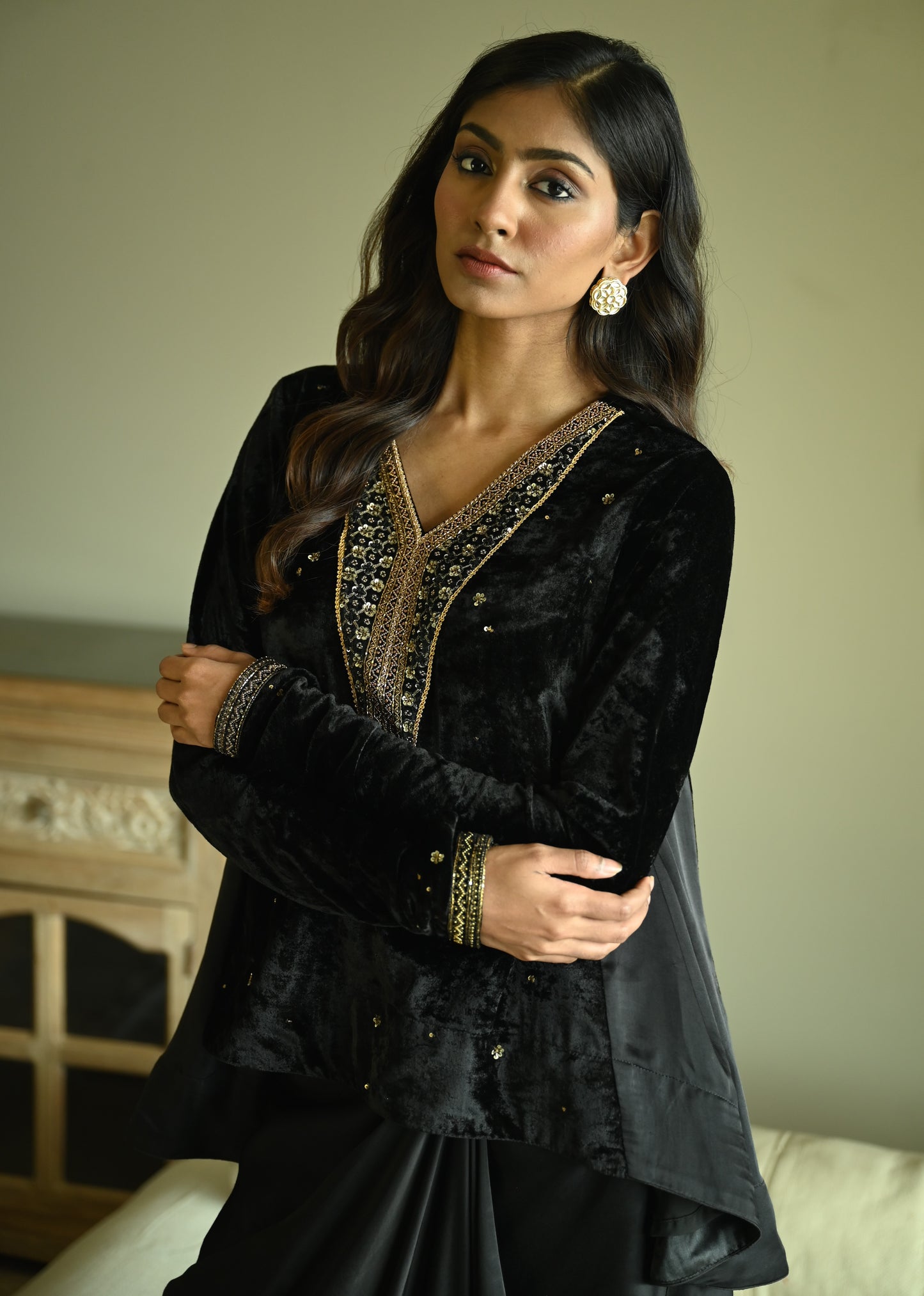 Churi Shabana with Kalis in Black Velvet with  Cowl Skirt