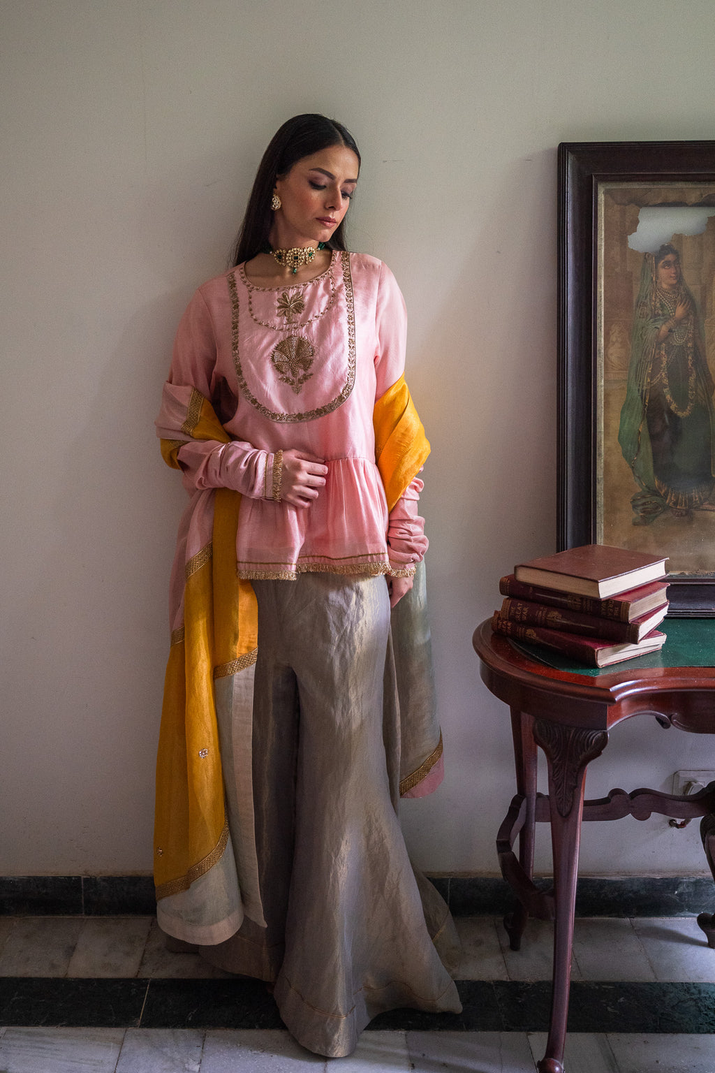 Nur Kedia in Blush Pink with Pista Green Tissue Garara