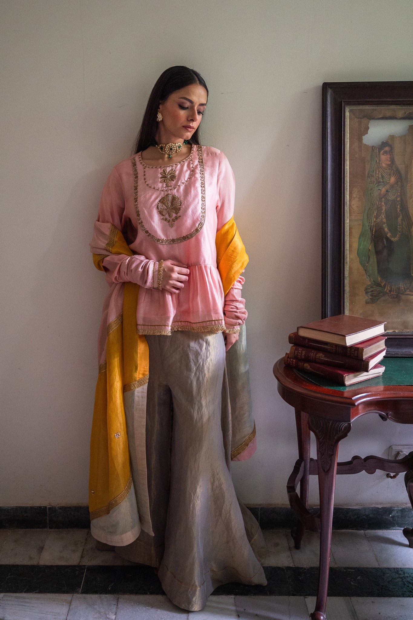 Nur Kedia in Blush Pink with Pista Green Tissue Garara