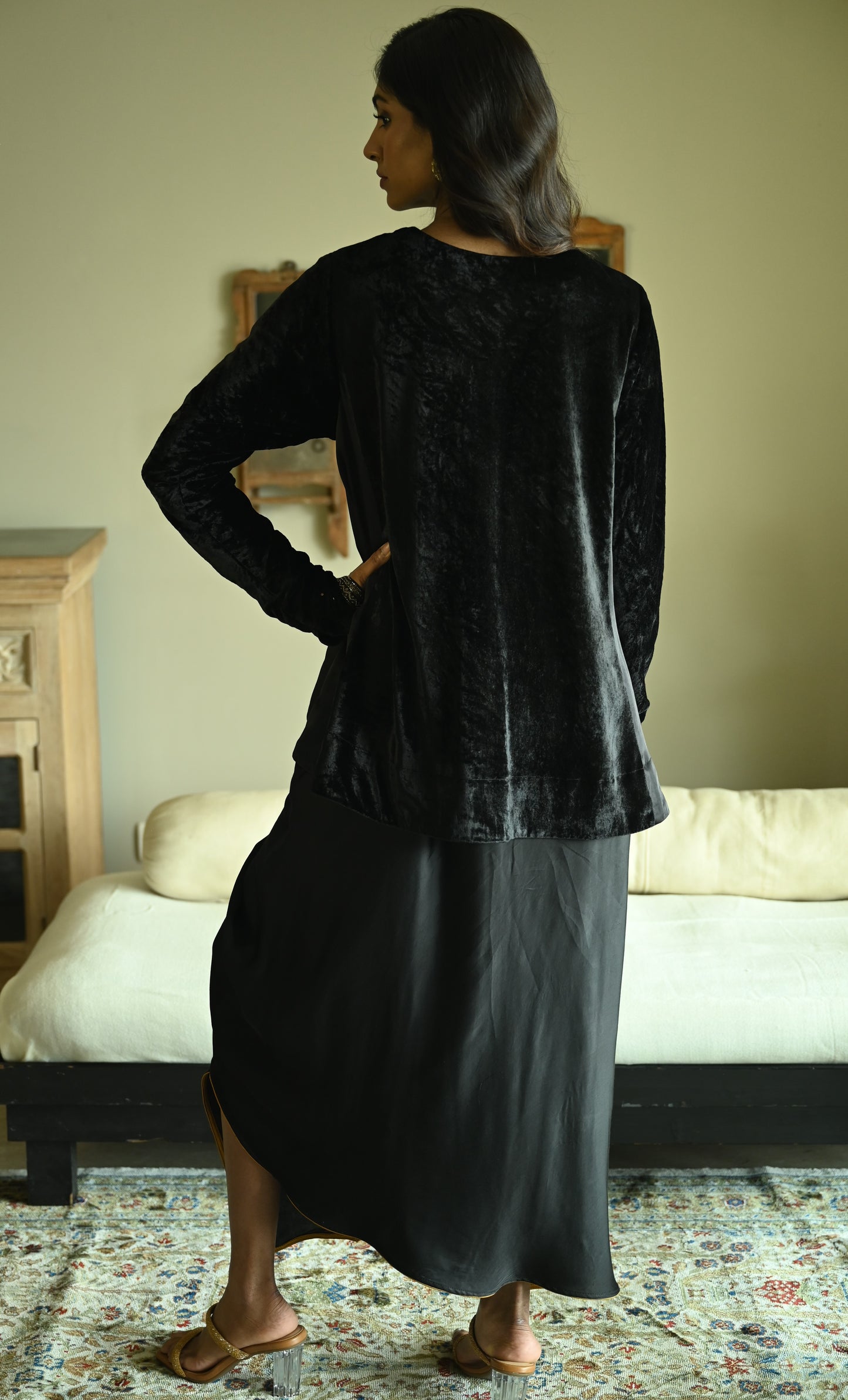 Churi Shabana with Kalis in Black Velvet with  Cowl Skirt