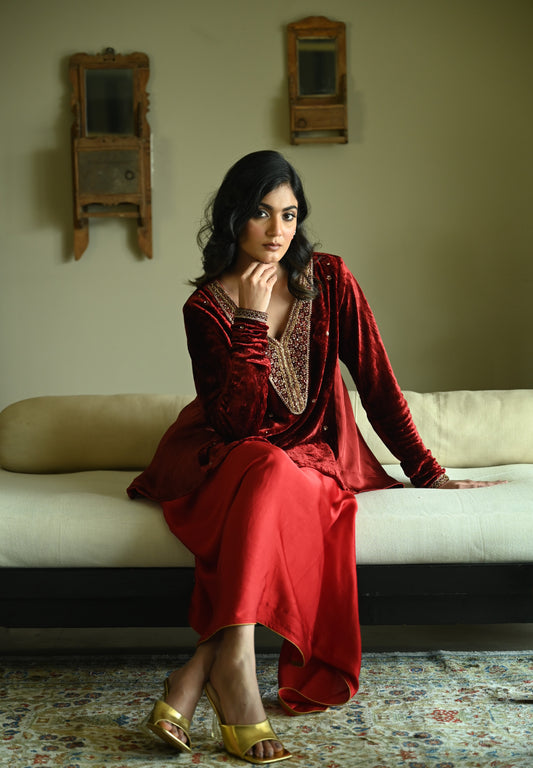 Churi Shabana with Kalis in Red Velvet with  Cowl Skirt