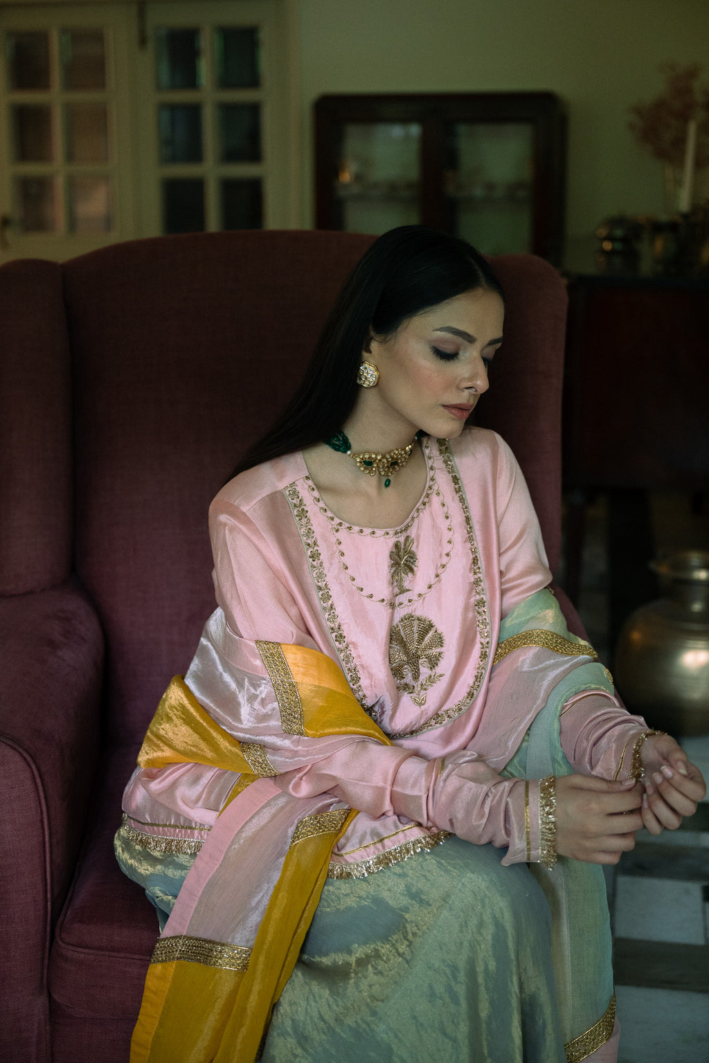 Nur Kedia in Blush Pink with Pista Green Tissue Garara