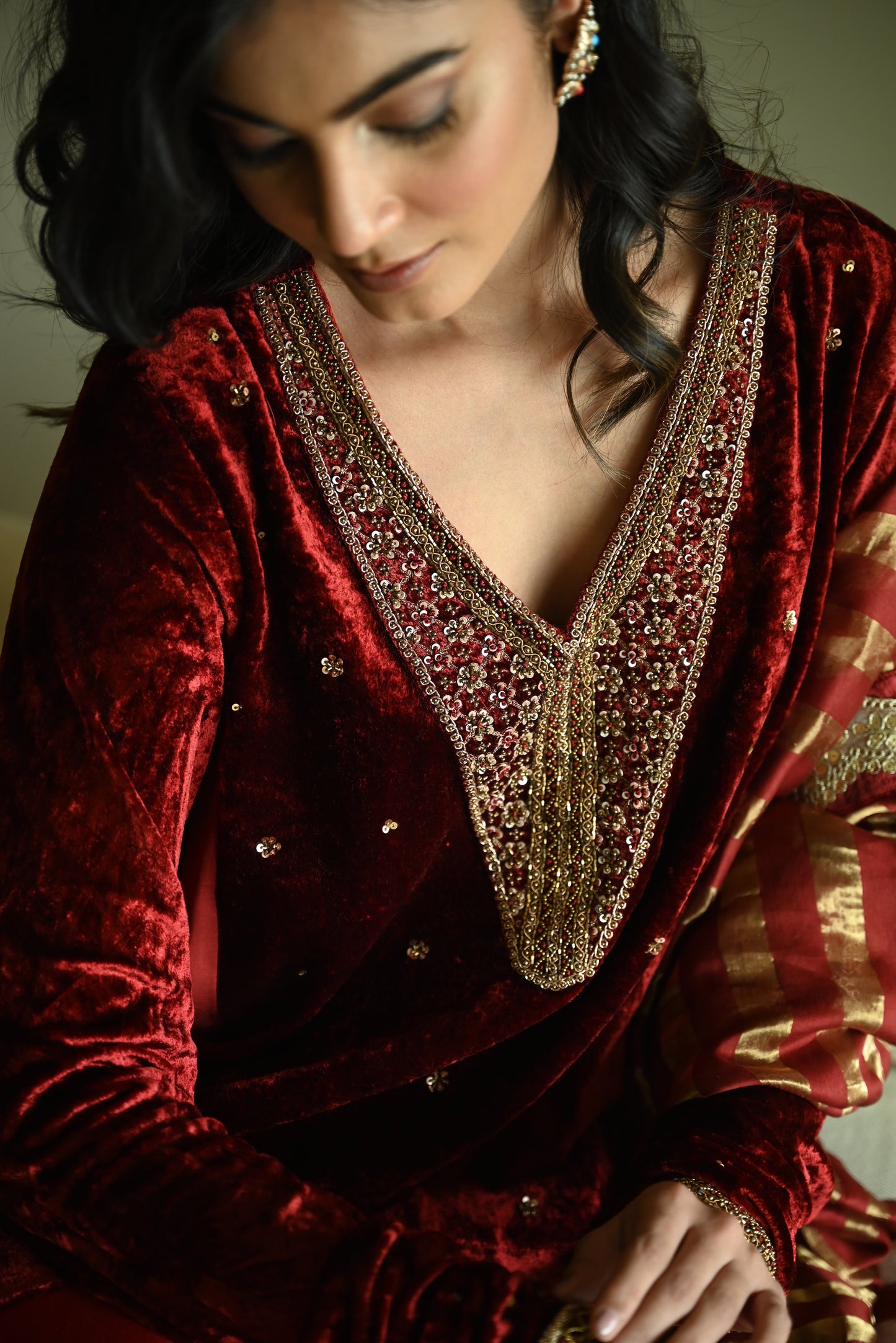 Churi Shabana with Kalis in Red Velvet with  Cowl Skirt