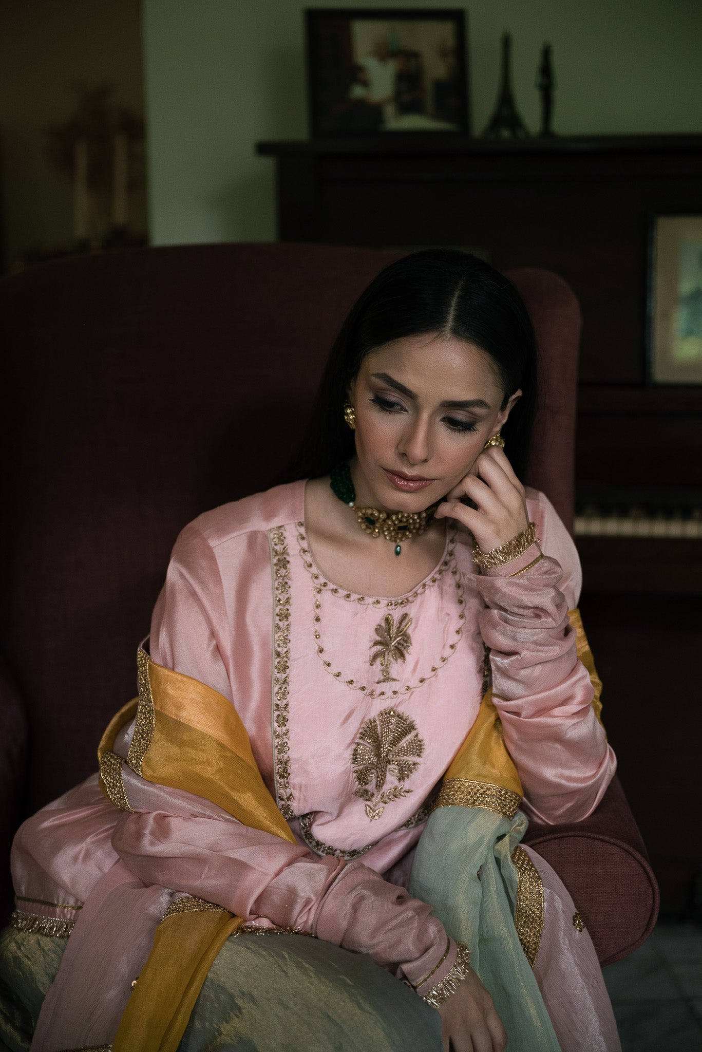 Nur Kedia in Blush Pink with Pista Green Tissue Garara