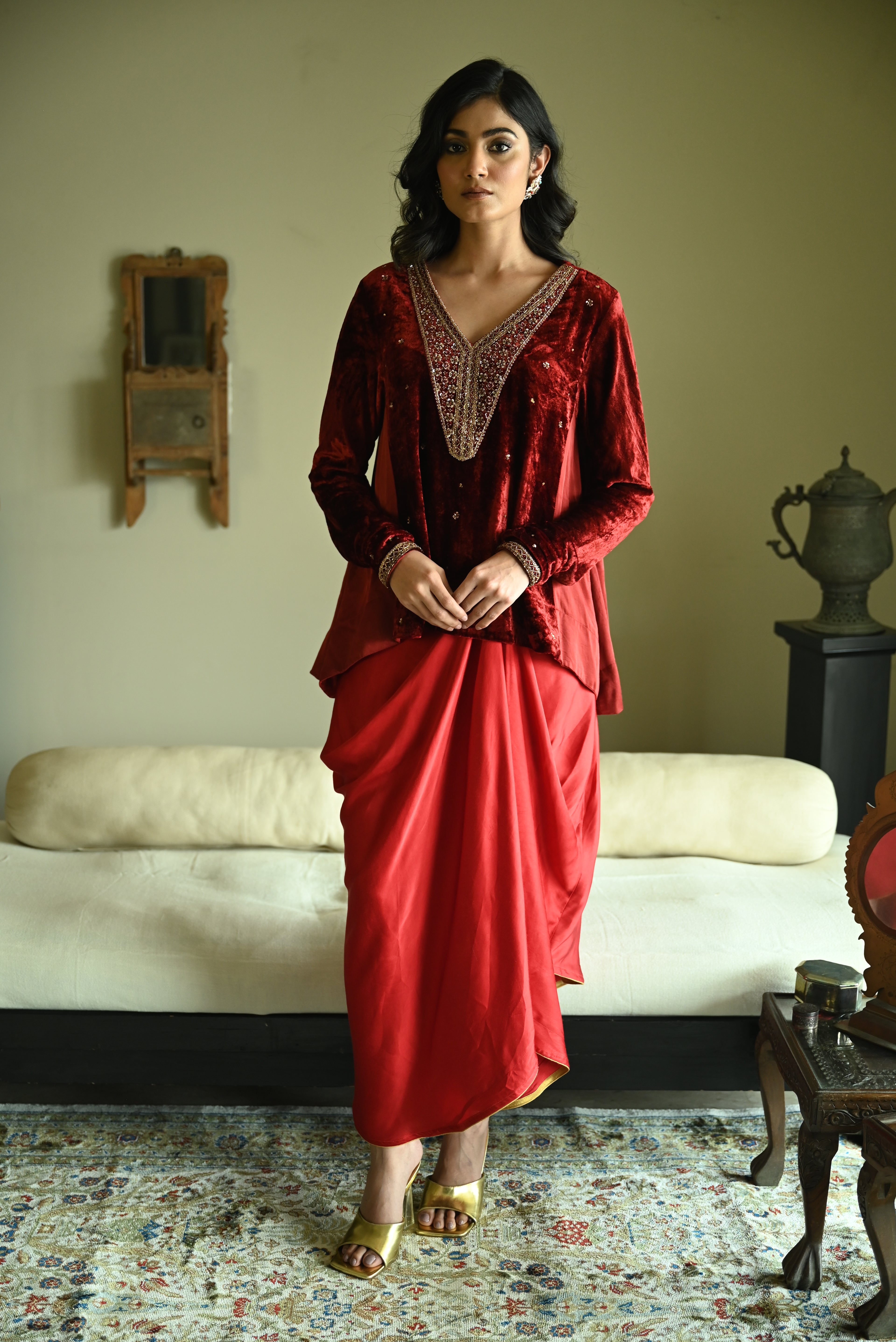Churi Shabana with Kalis in Red Velvet with  Cowl Skirt