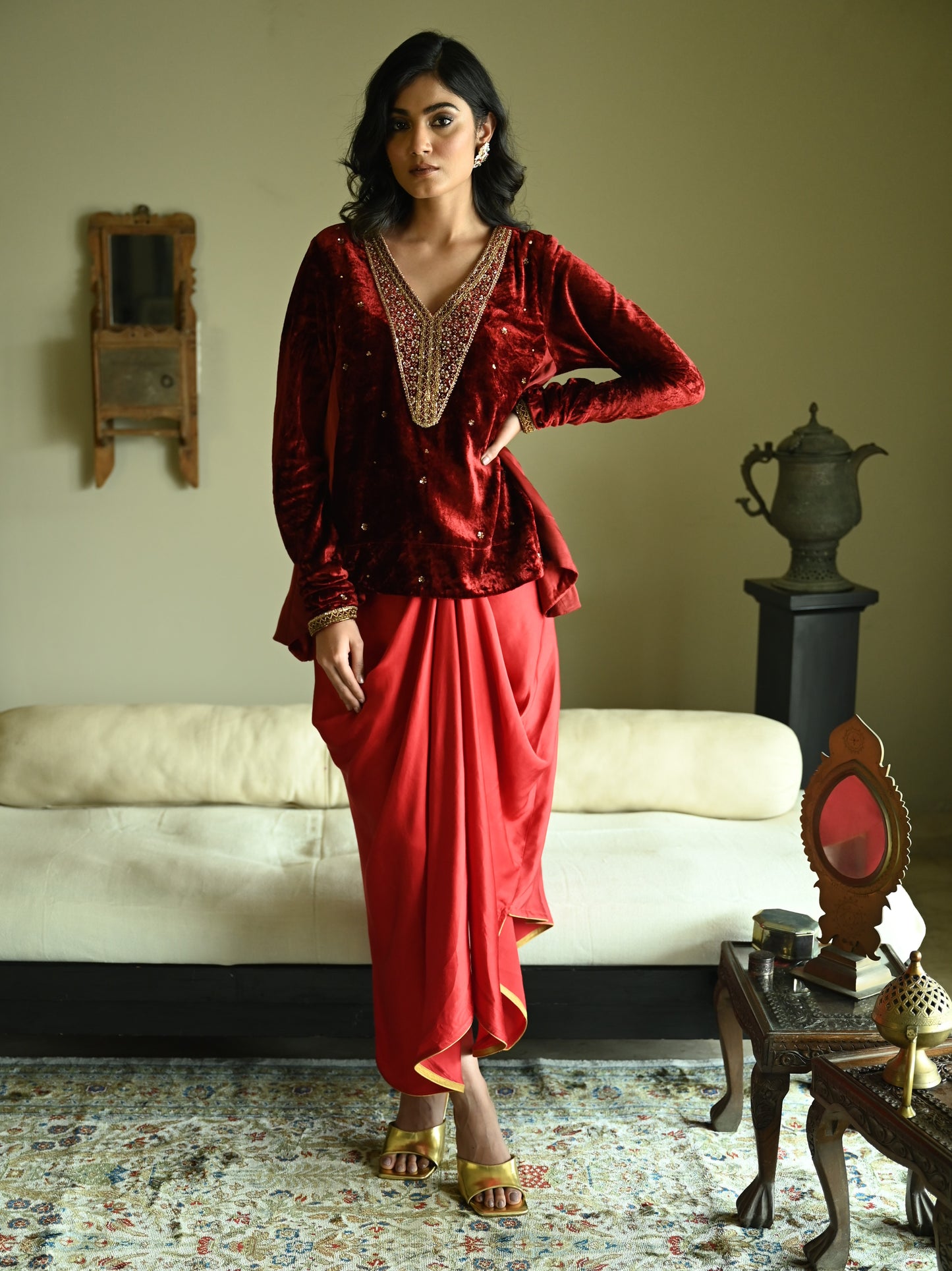 Churi Shabana with Kalis in Red Velvet with  Cowl Skirt