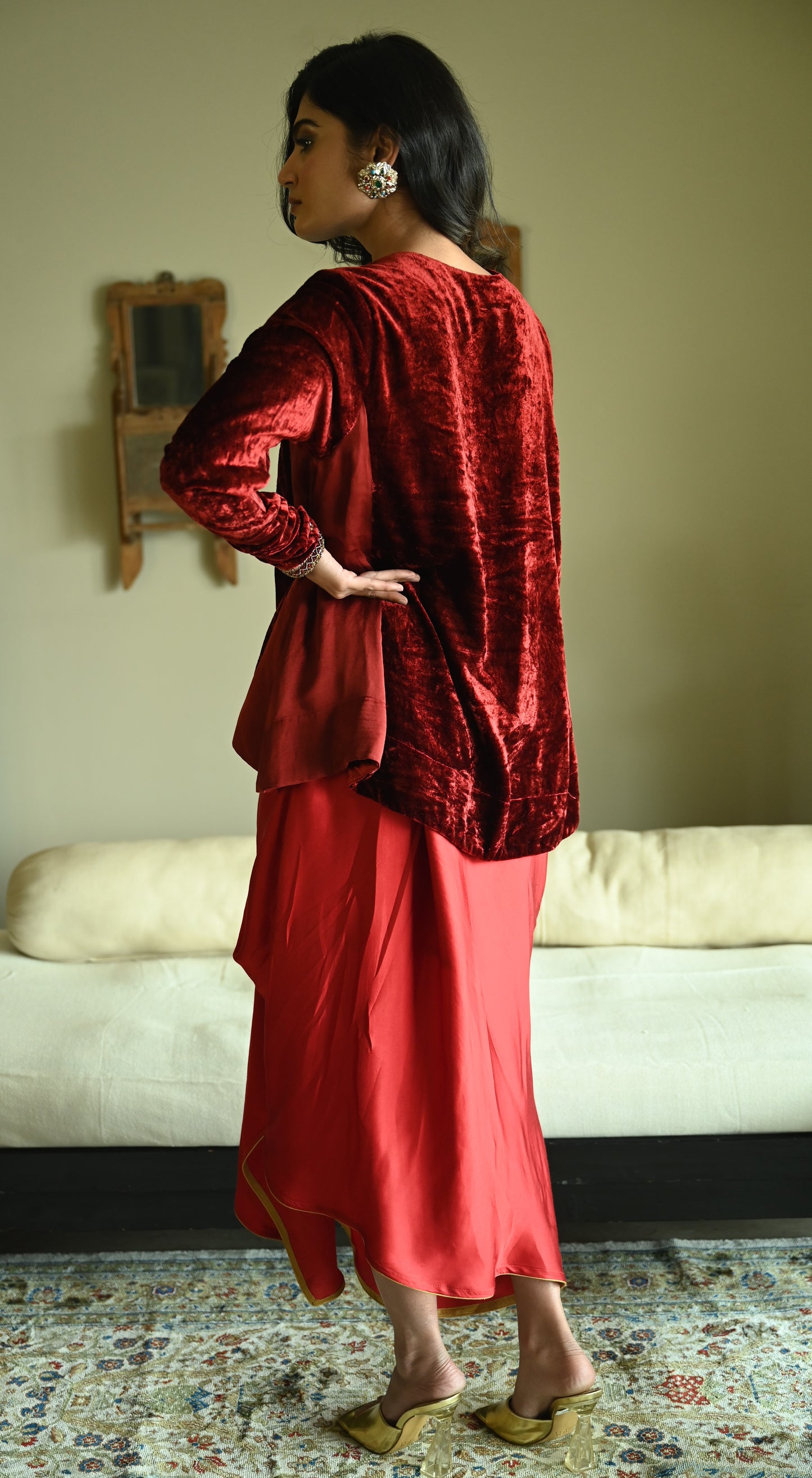 Churi Shabana with Kalis in Red Velvet with  Cowl Skirt