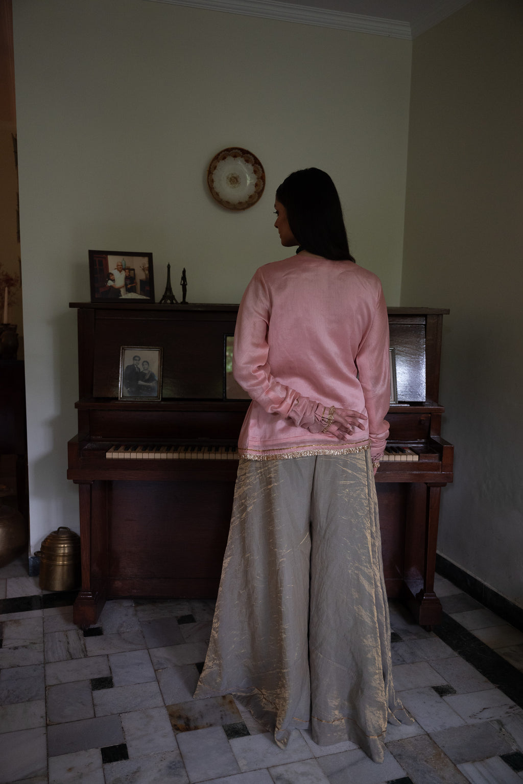 Nur Kedia in Blush Pink with Pista Green Tissue Garara