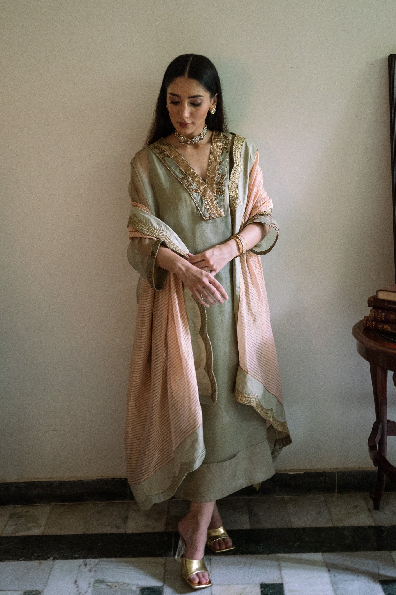 Waahida Kaftan in Sage Green Organza with Satin Silk Slip