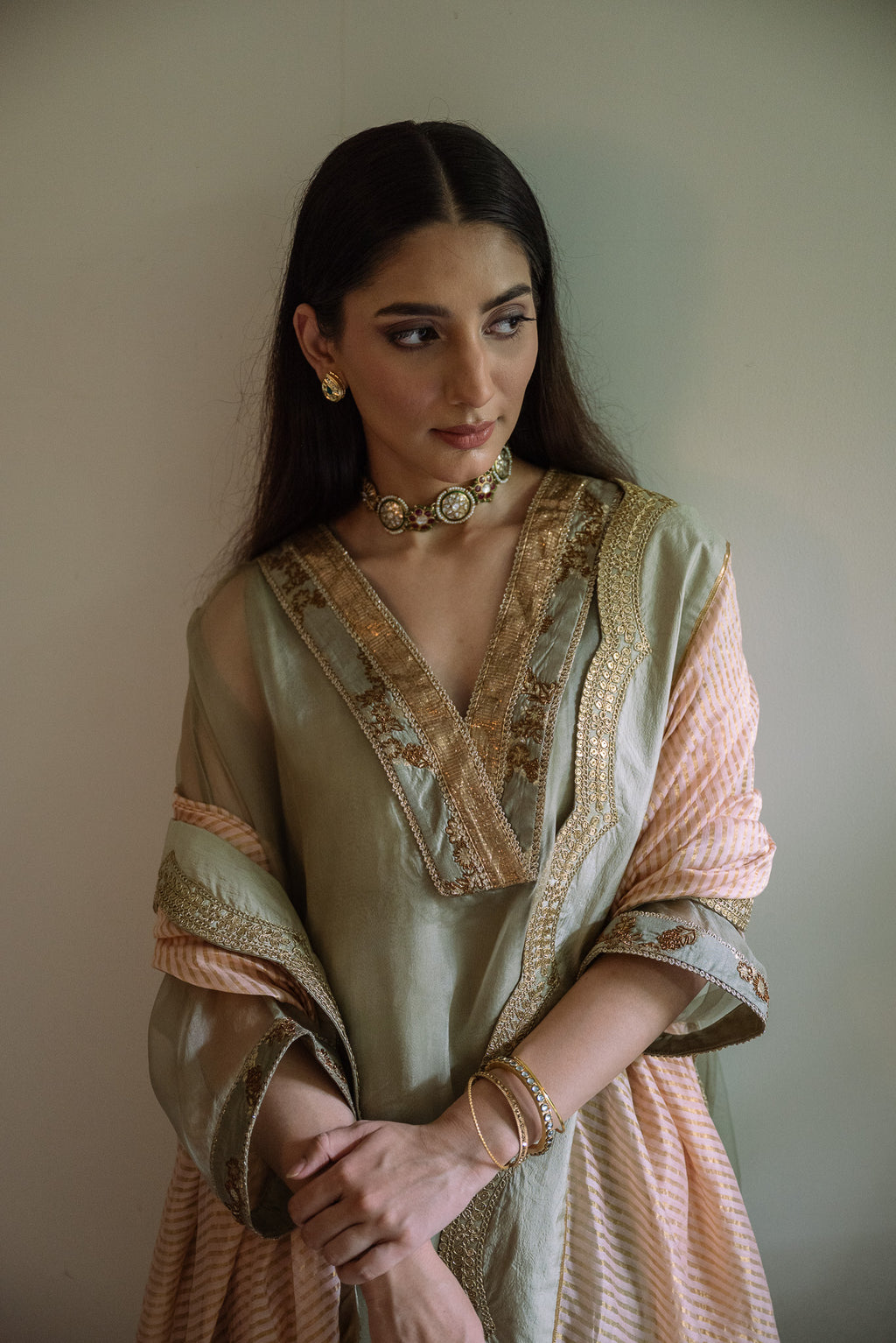 Waahida Kaftan in Sage Green Organza with Satin Silk Slip