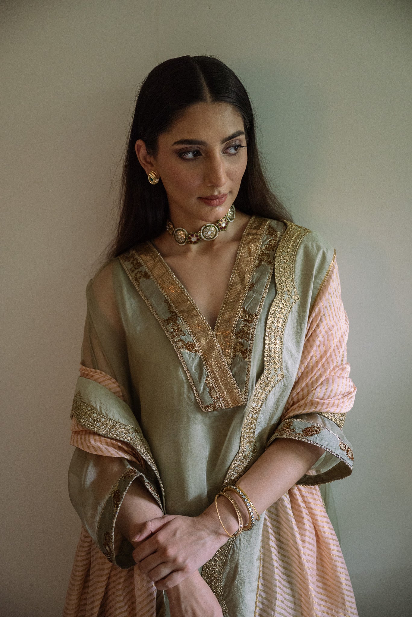 Waahida Kaftan in Sage Green Organza with Satin Silk Slip