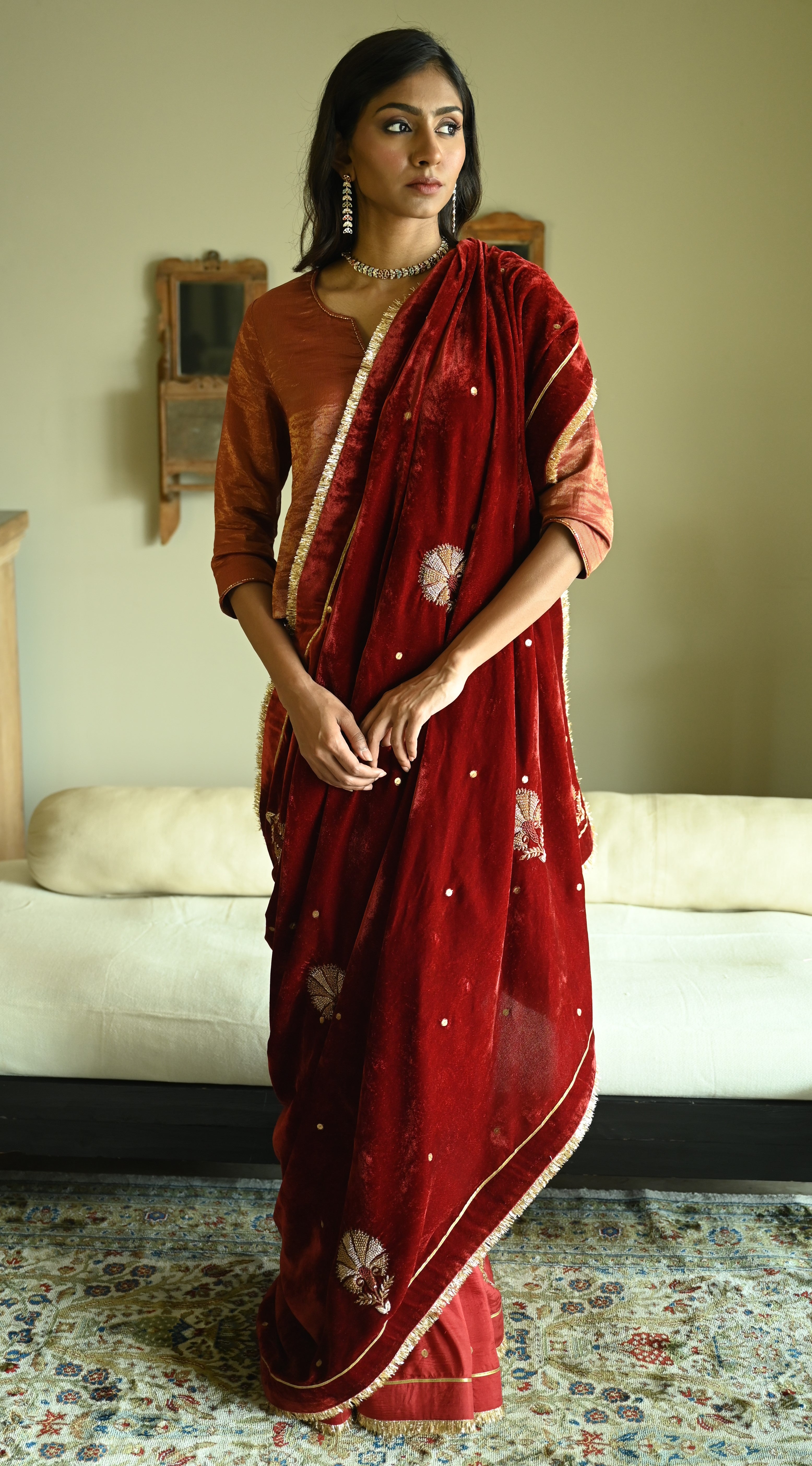 Reshma Blouse in Red Handwoven Chanderi Silk & Tissue Pin Stripes