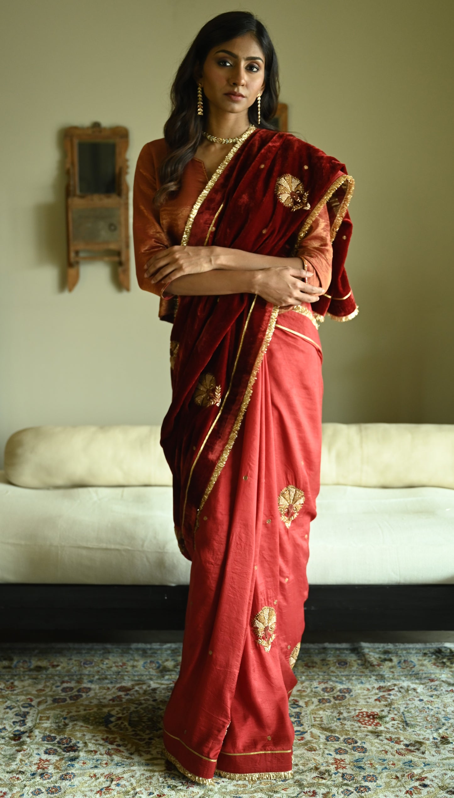 Zubeida Saree in Red Velvet & Silk