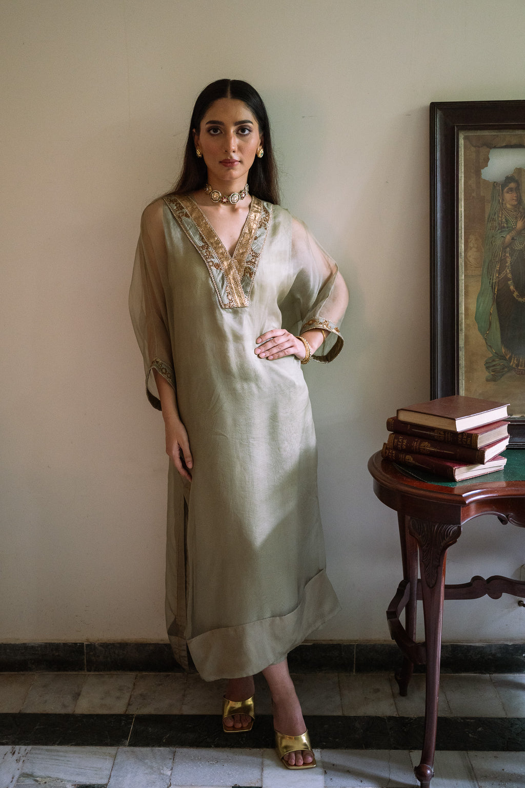 Waahida Kaftan in Sage Green Organza with Satin Silk Slip