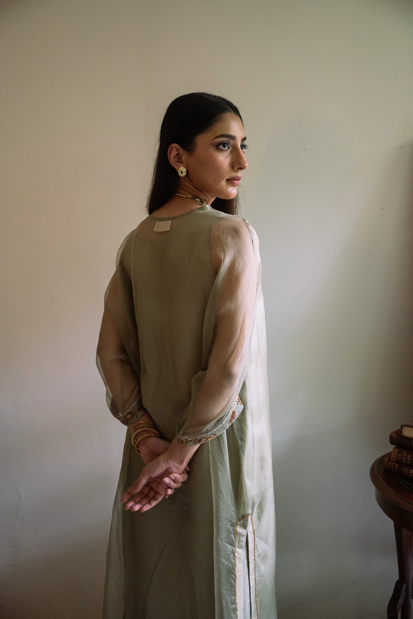 Waahida Kaftan in Sage Green Organza with Satin Silk Slip
