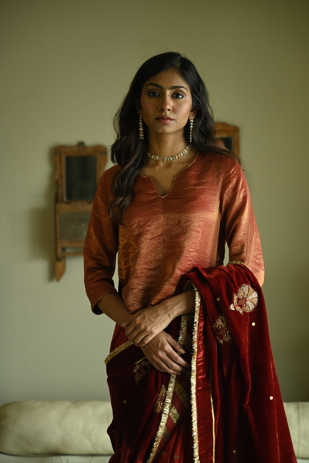 Reshma Blouse in Red Handwoven Chanderi Silk & Tissue Pin Stripes