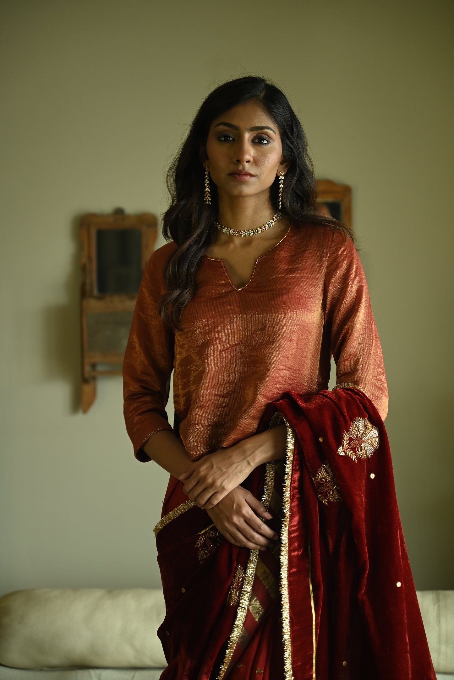 Reshma Blouse in Red Handwoven Chanderi Silk & Tissue Pin Stripes