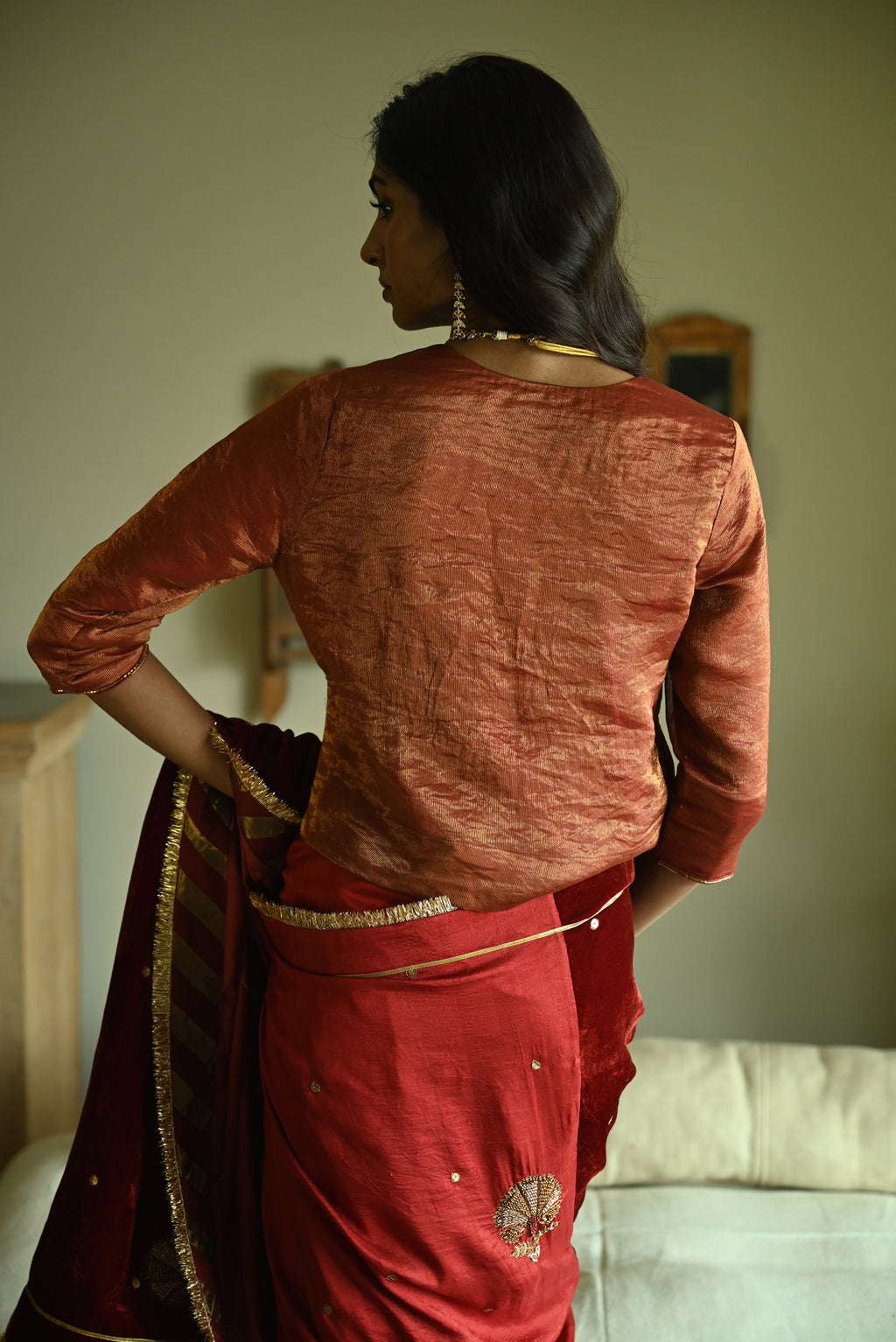 Reshma Blouse in Red Handwoven Chanderi Silk & Tissue Pin Stripes