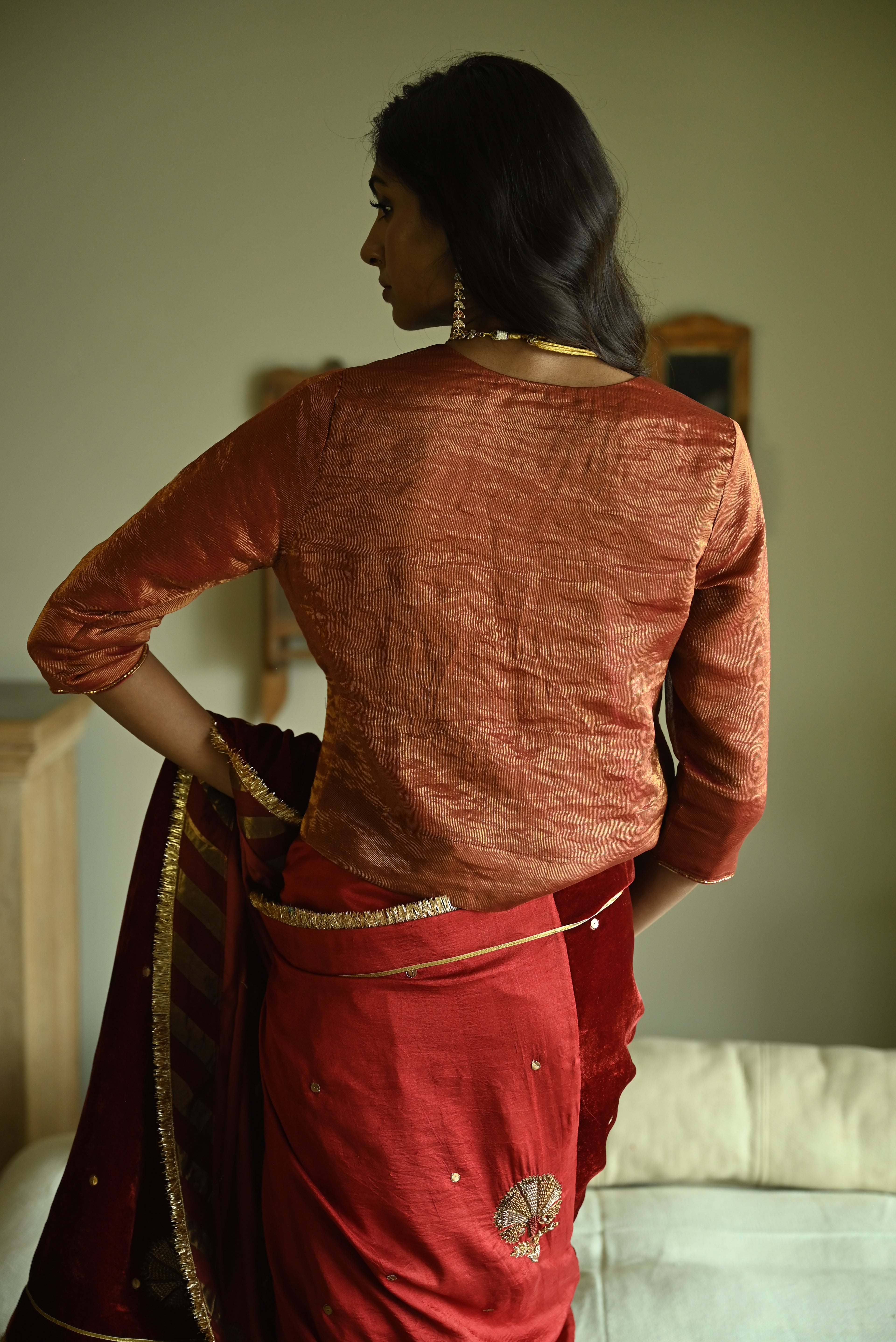 Reshma Blouse in Red Handwoven Chanderi Silk & Tissue Pin Stripes