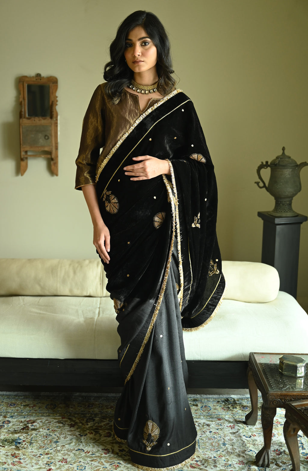 Reshma Blouse in Black Handwoven Chanderi Silk & Tissue Pin Stripes