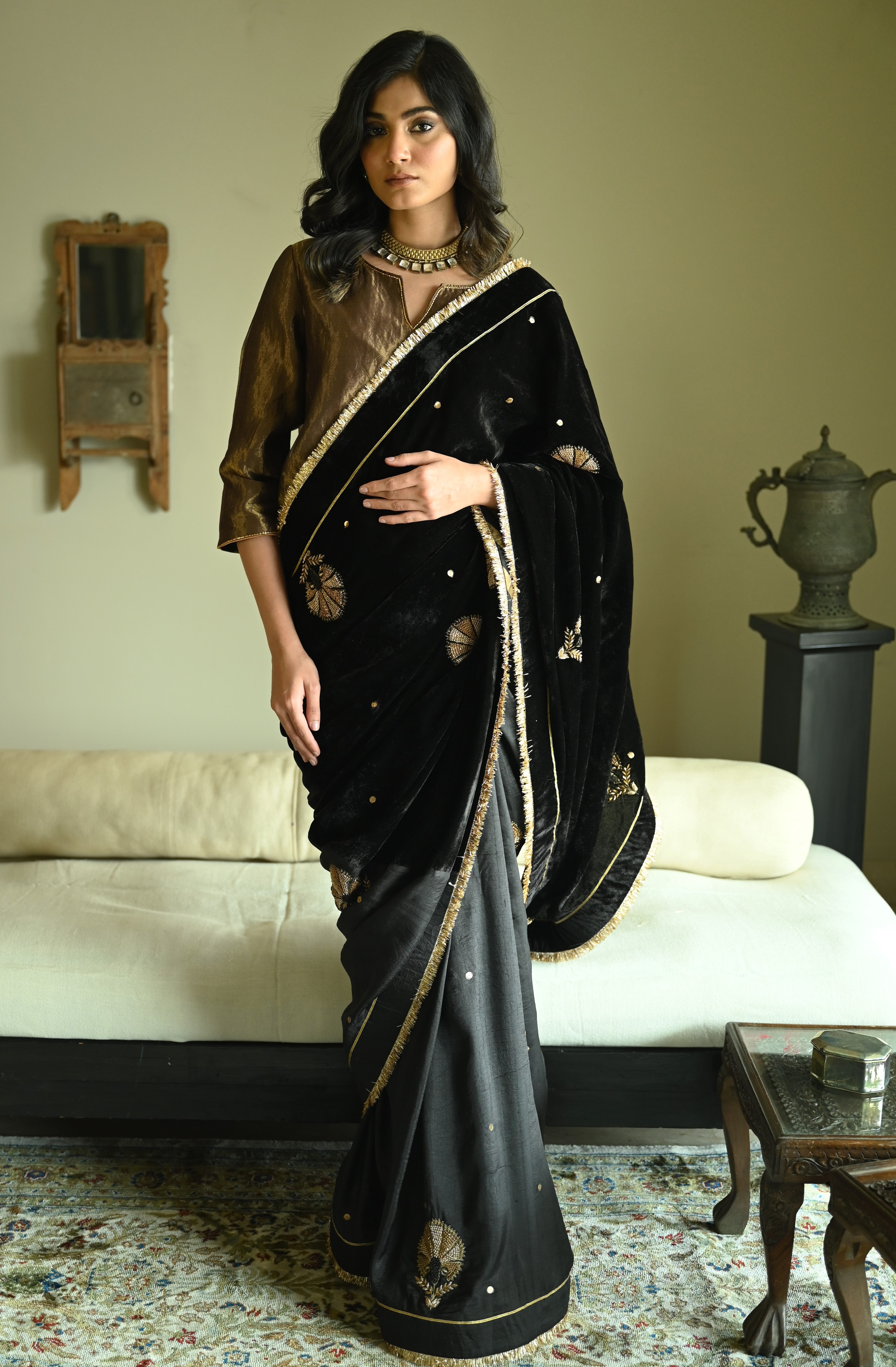 Reshma Blouse in Black Handwoven Chanderi Silk & Tissue Pin Stripes