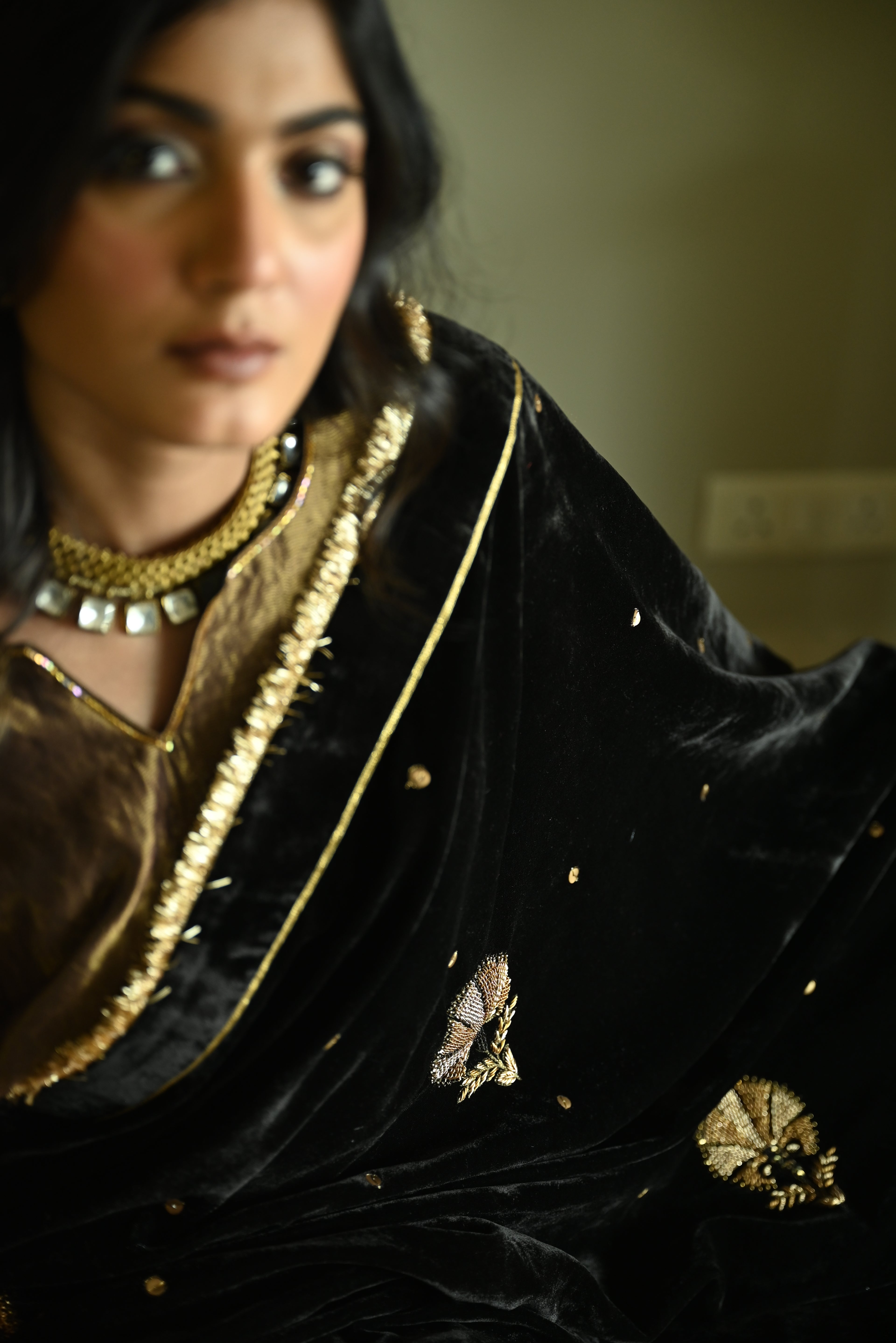 Zubeida Saree in Black Velvet & Silk