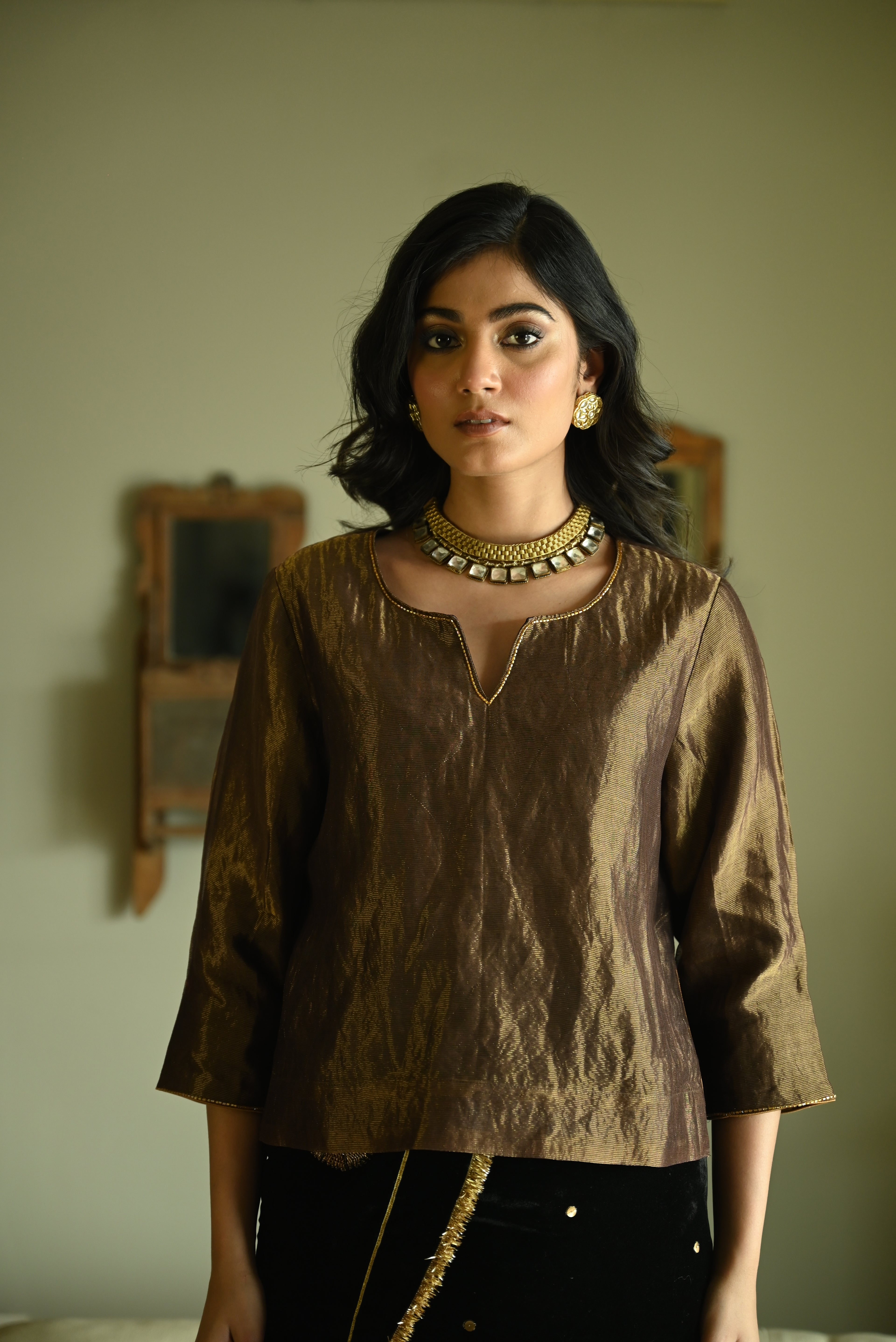 Reshma Blouse in Black Handwoven Chanderi Silk & Tissue Pin Stripes