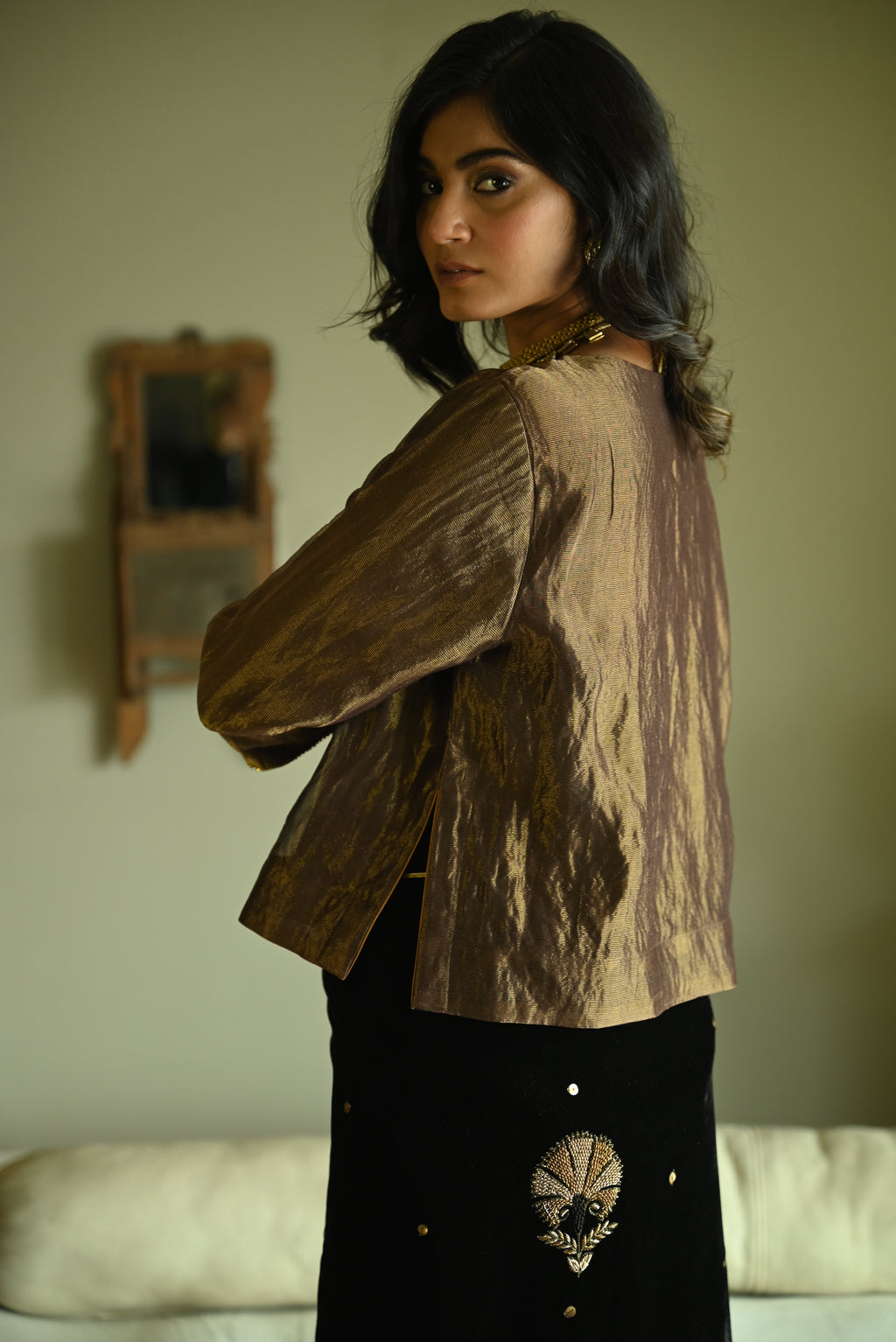 Reshma Blouse in Black Handwoven Chanderi Silk & Tissue Pin Stripes