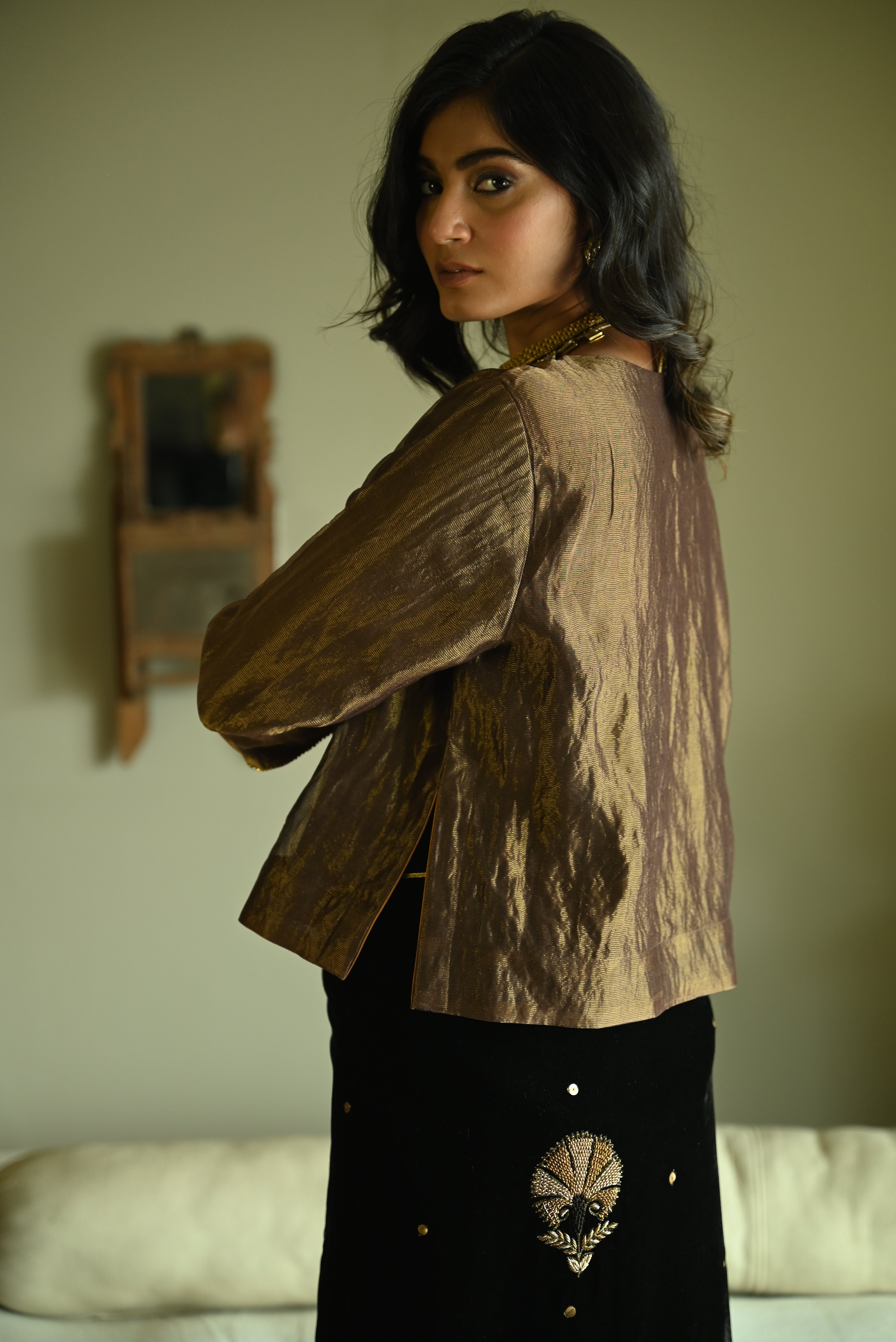 Reshma Blouse in Black Handwoven Chanderi Silk & Tissue Pin Stripes