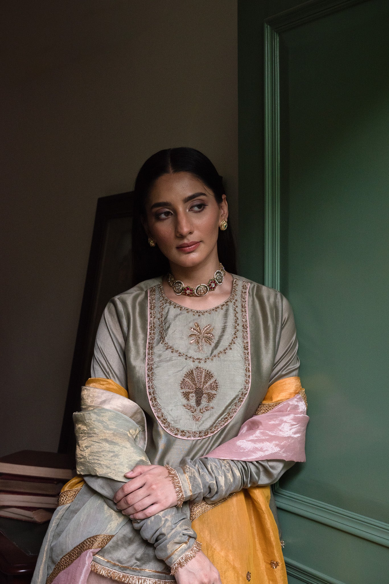 Nur Kedia in Pista Green with Pink Tissue Garara