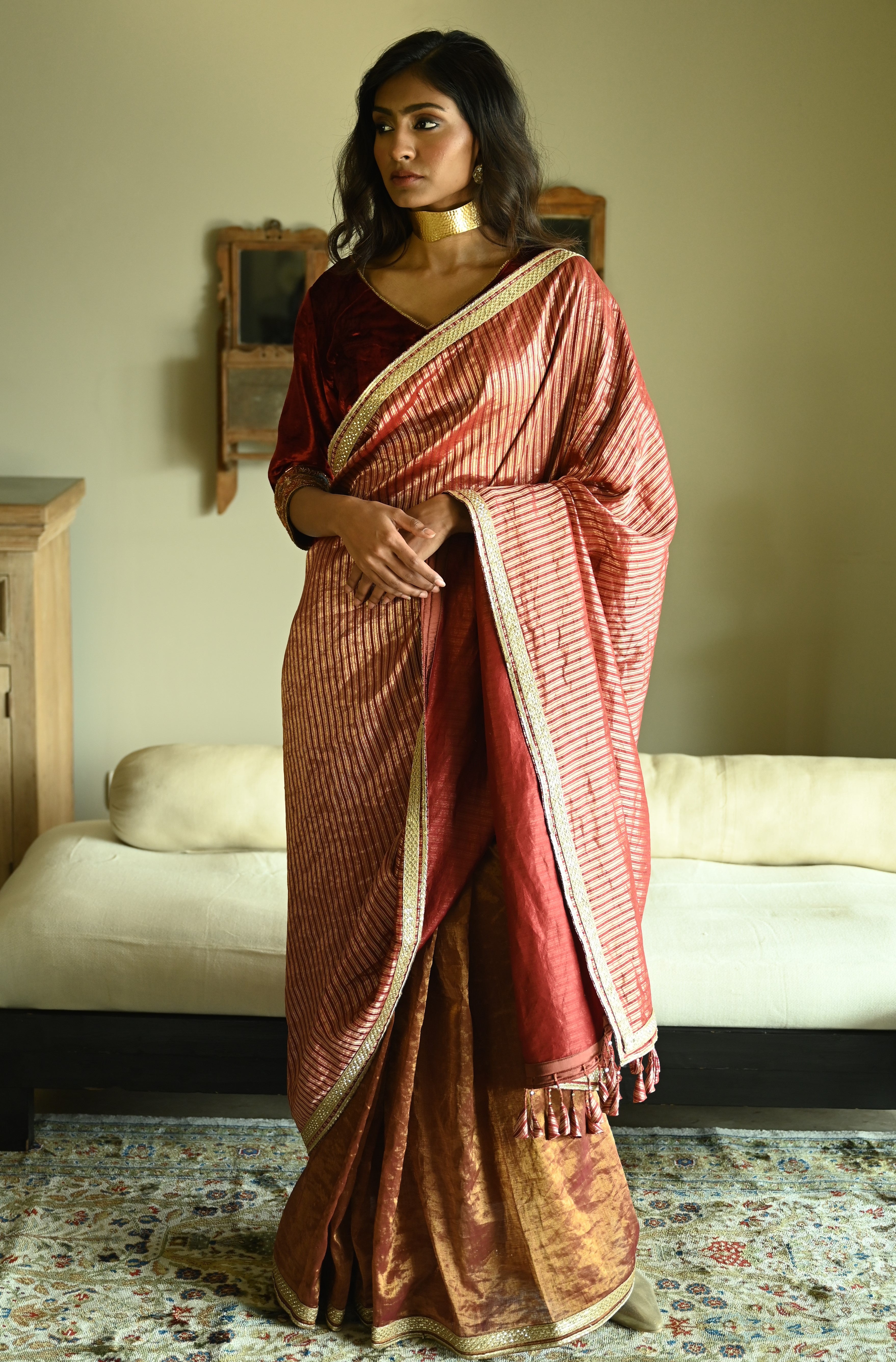 Irum Saree in Red Meena Stripes Brocade & Tissue