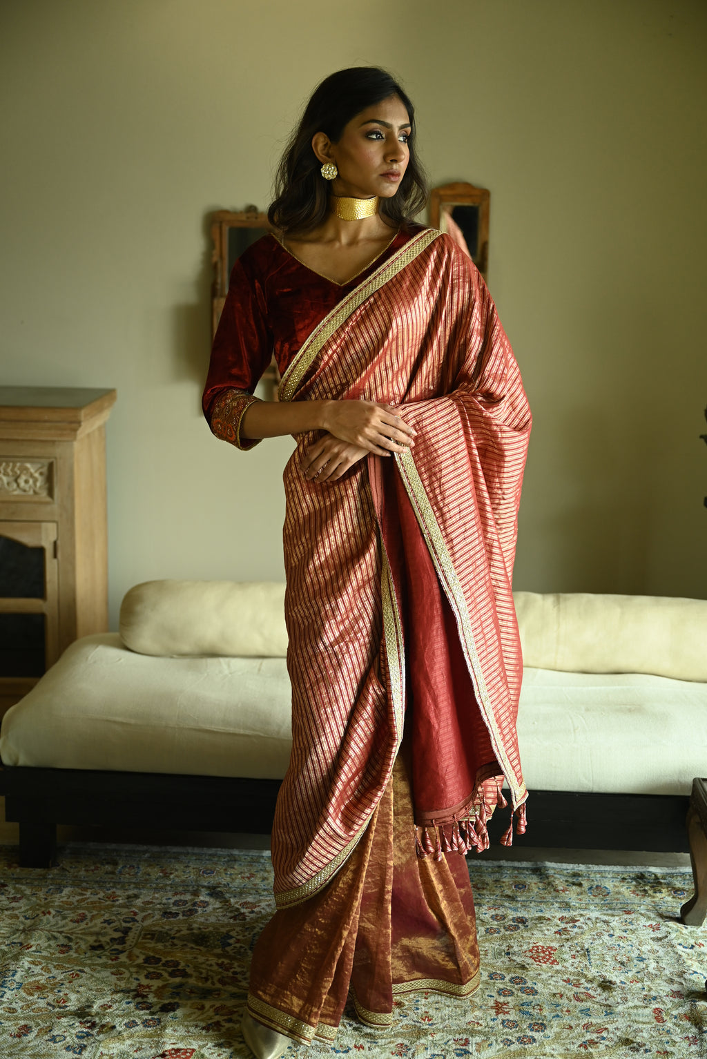 Irum Saree in Red Meena Stripes Brocade & Tissue