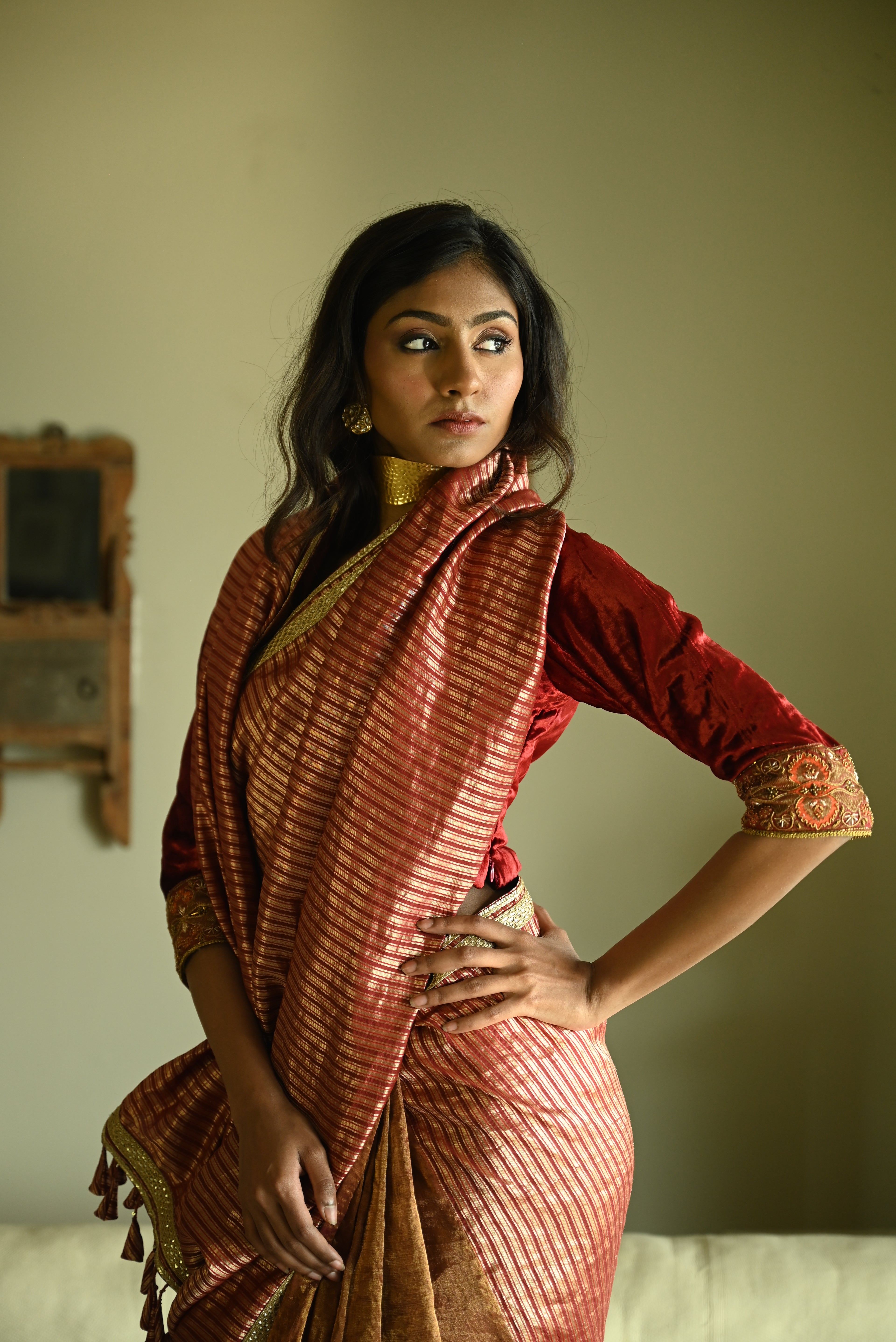 Irum Saree in Red Meena Stripes Brocade & Tissue