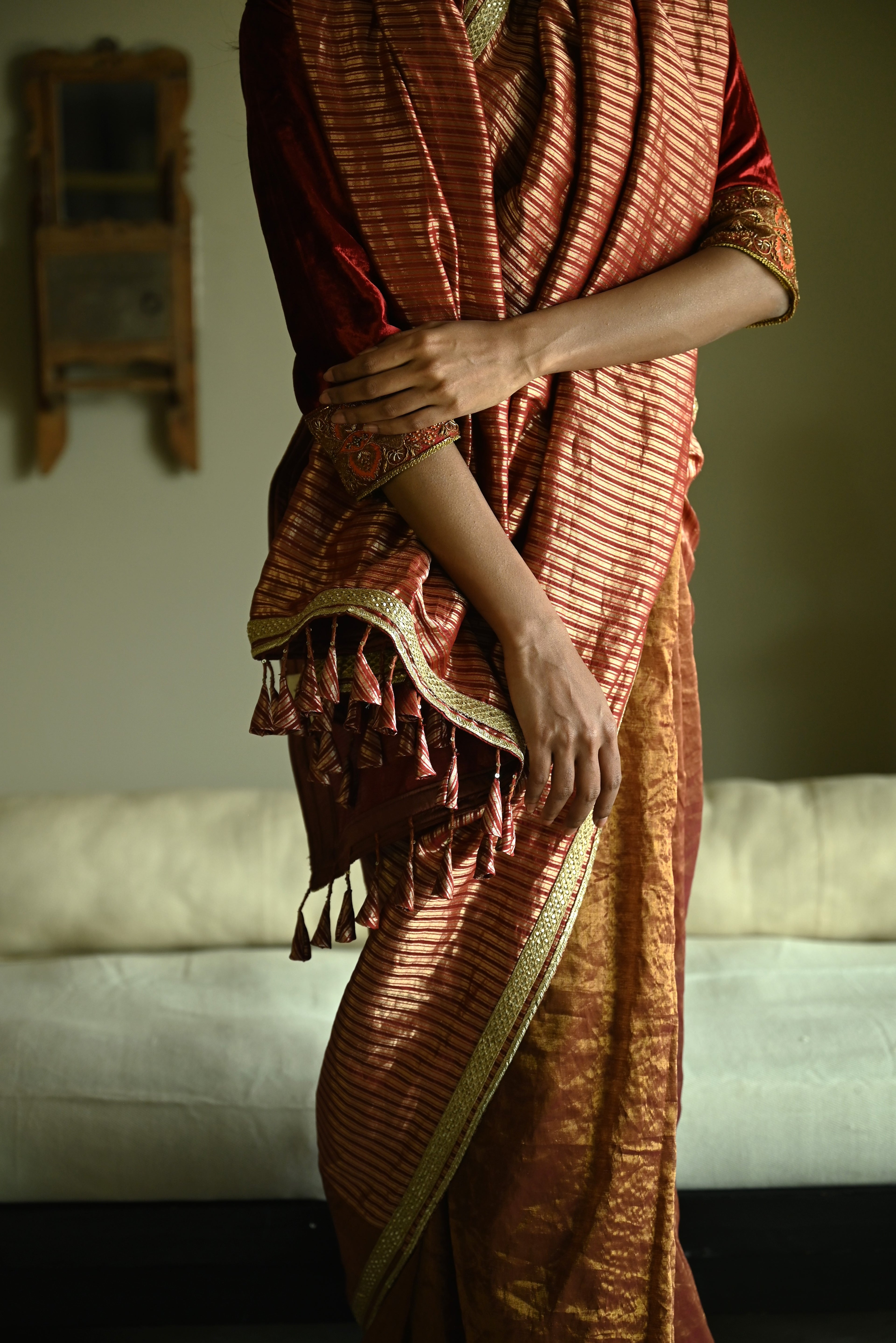Irum Saree in Red Meena Stripes Brocade & Tissue