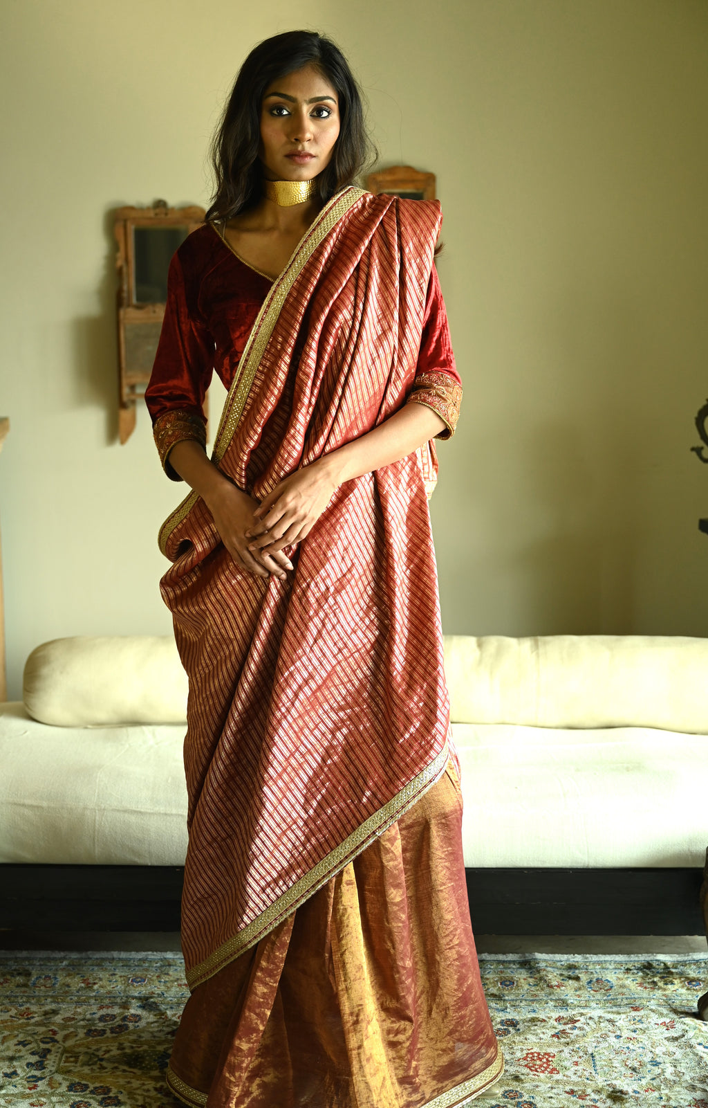 Irum Saree in Red Meena Stripes Brocade & Tissue