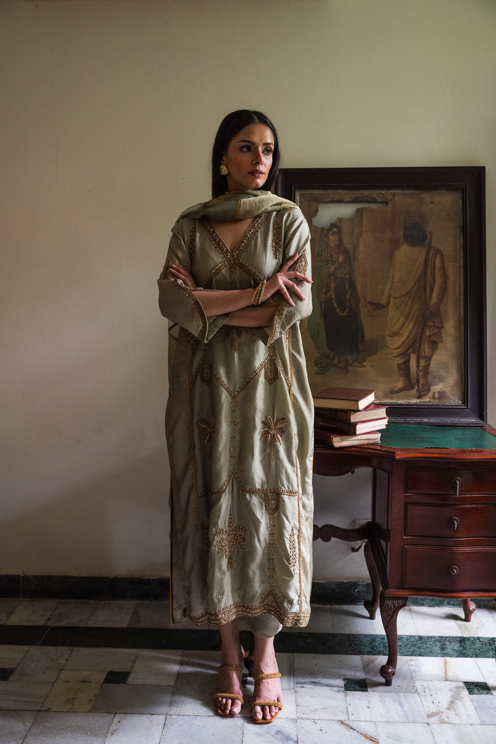 Nur jahan Sage Green Sati And Organza Dupatta