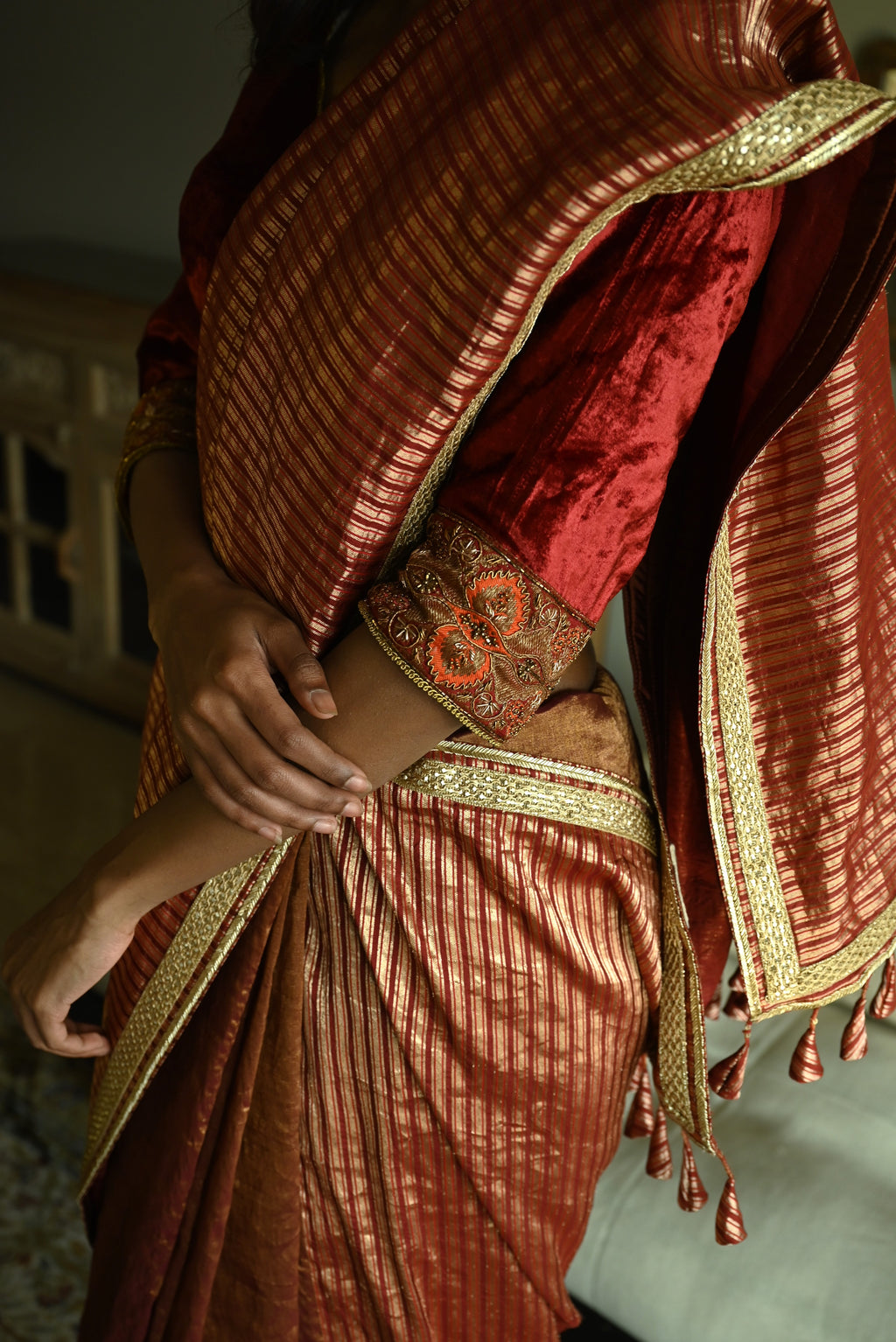 Irum Saree in Red Meena Stripes Brocade & Tissue