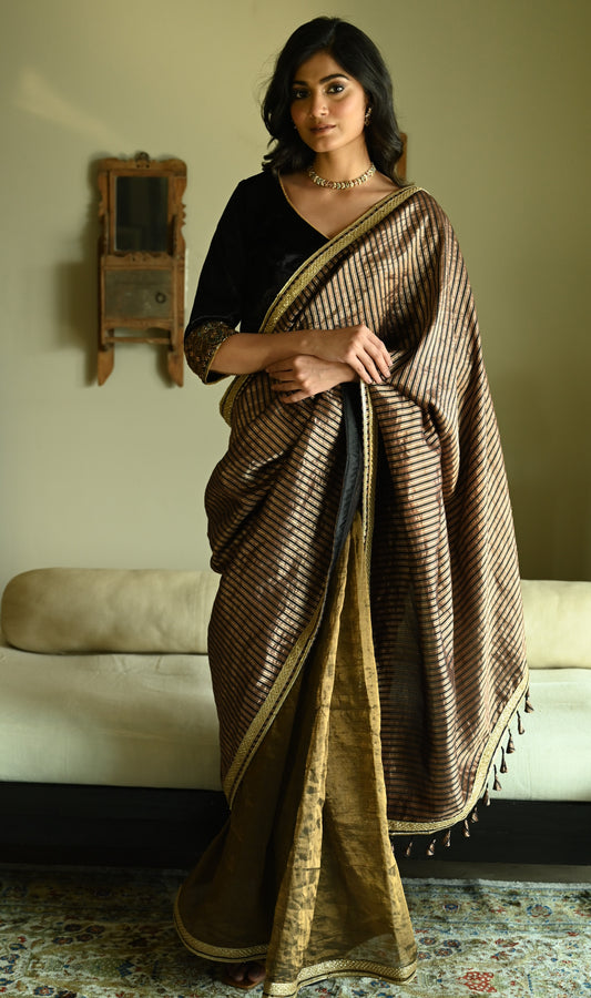 Irum Saree in Black Stripes Brocade & Tissue