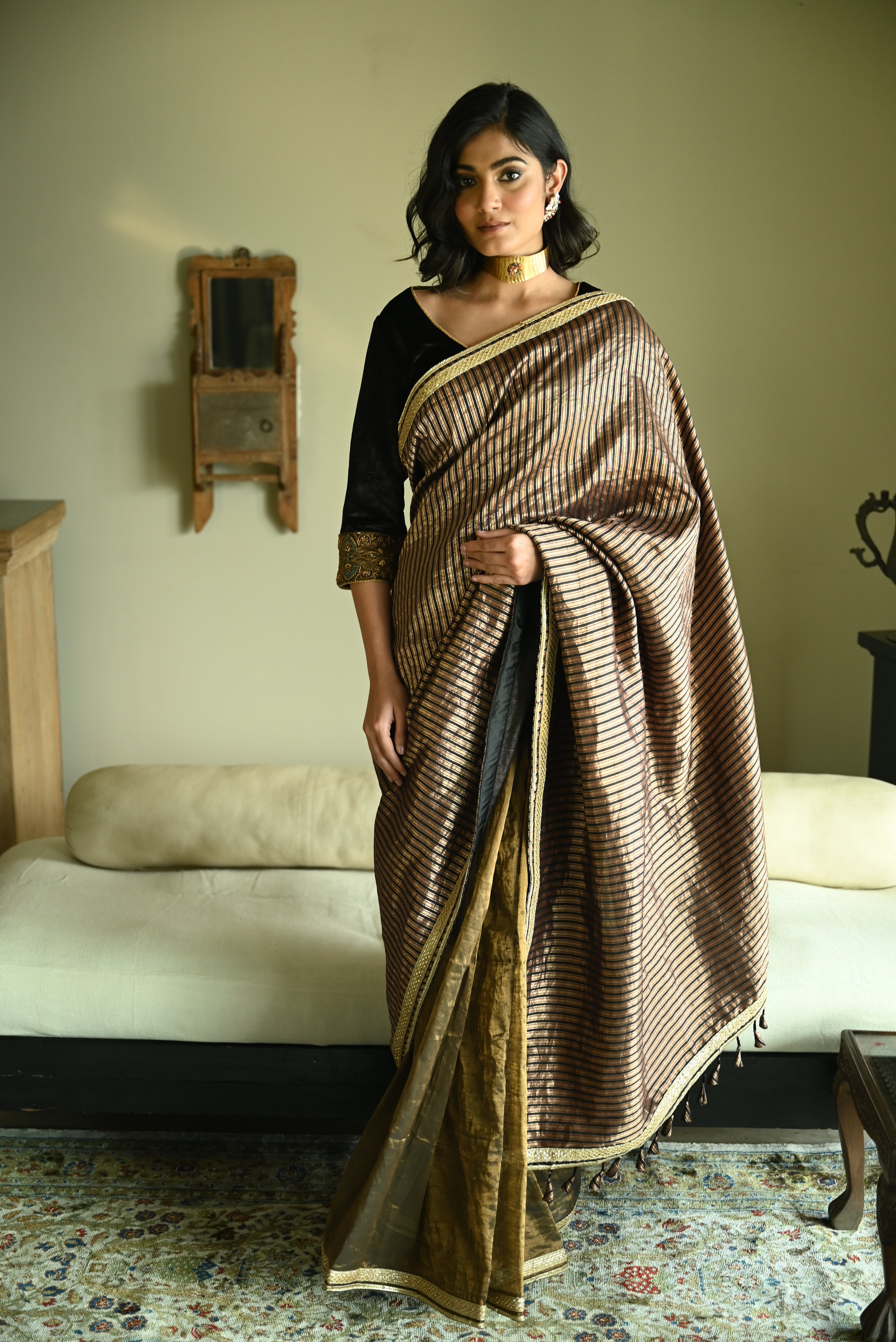Irum Saree in Black Stripes Brocade & Tissue