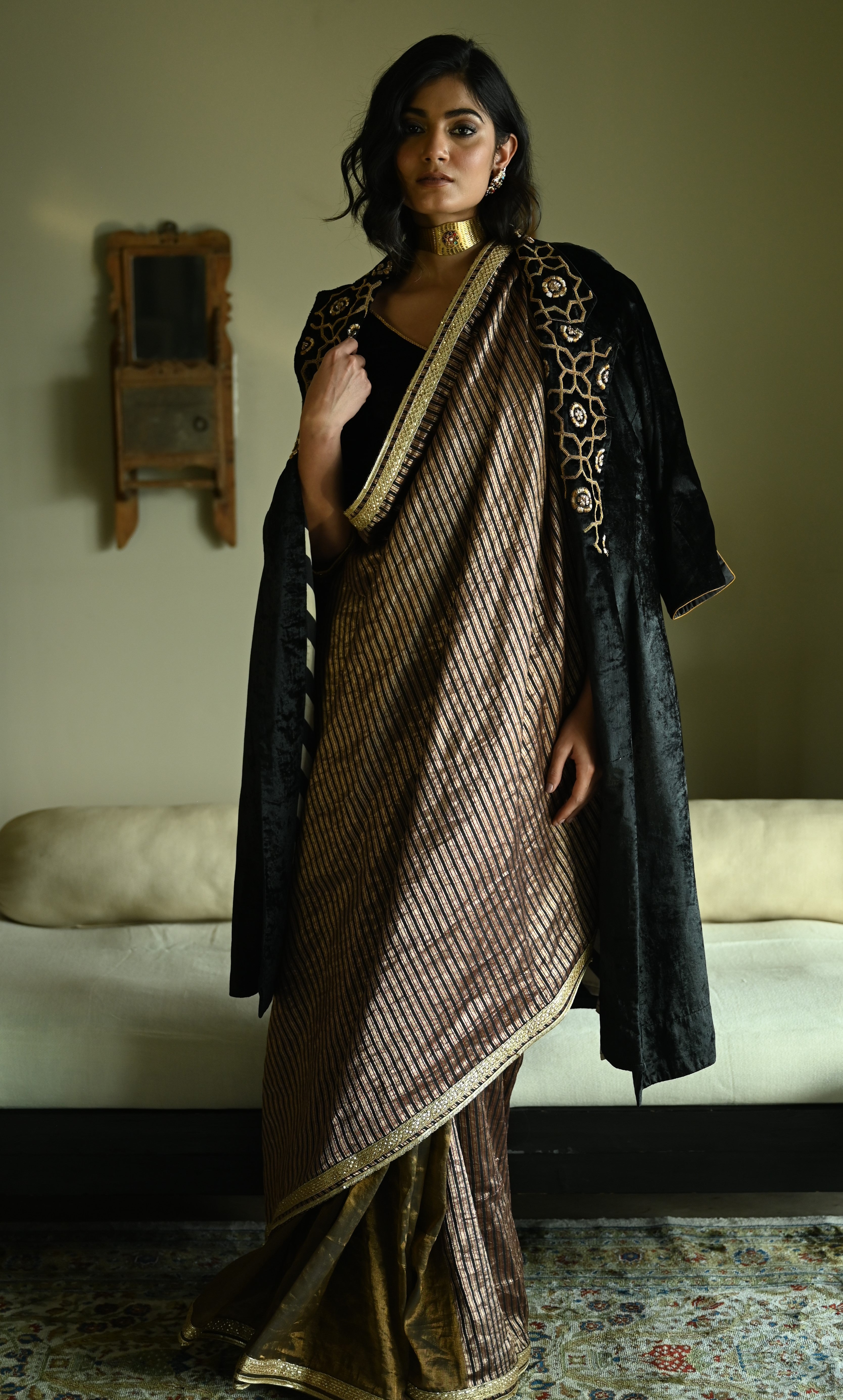 Irum Saree in Black Stripes Brocade & Tissue