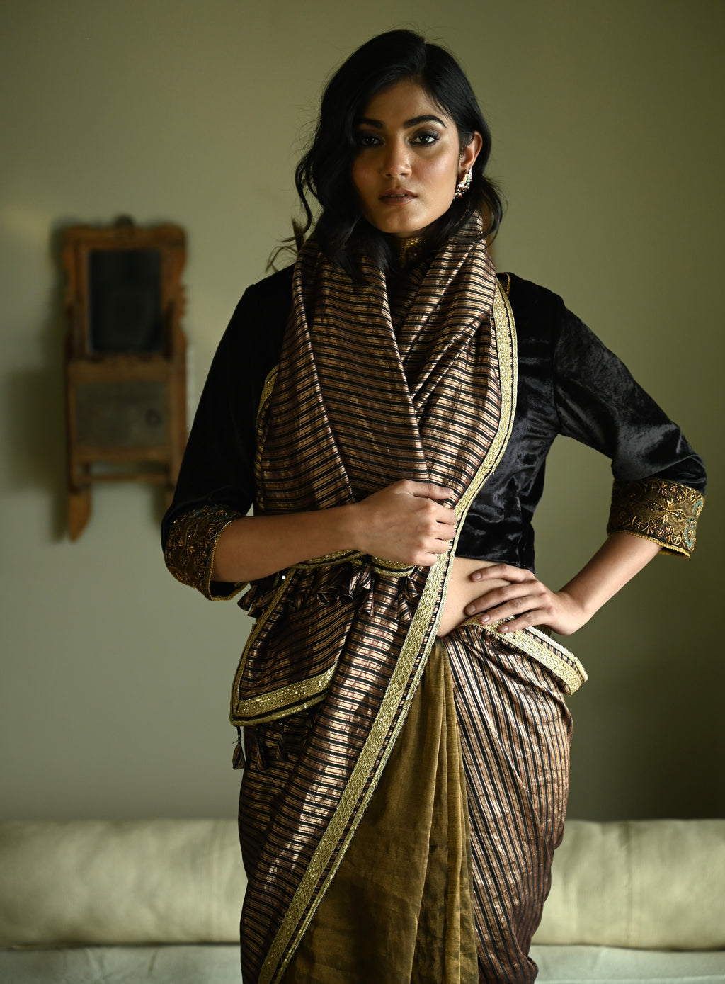 Irum Saree in Black Stripes Brocade & Tissue