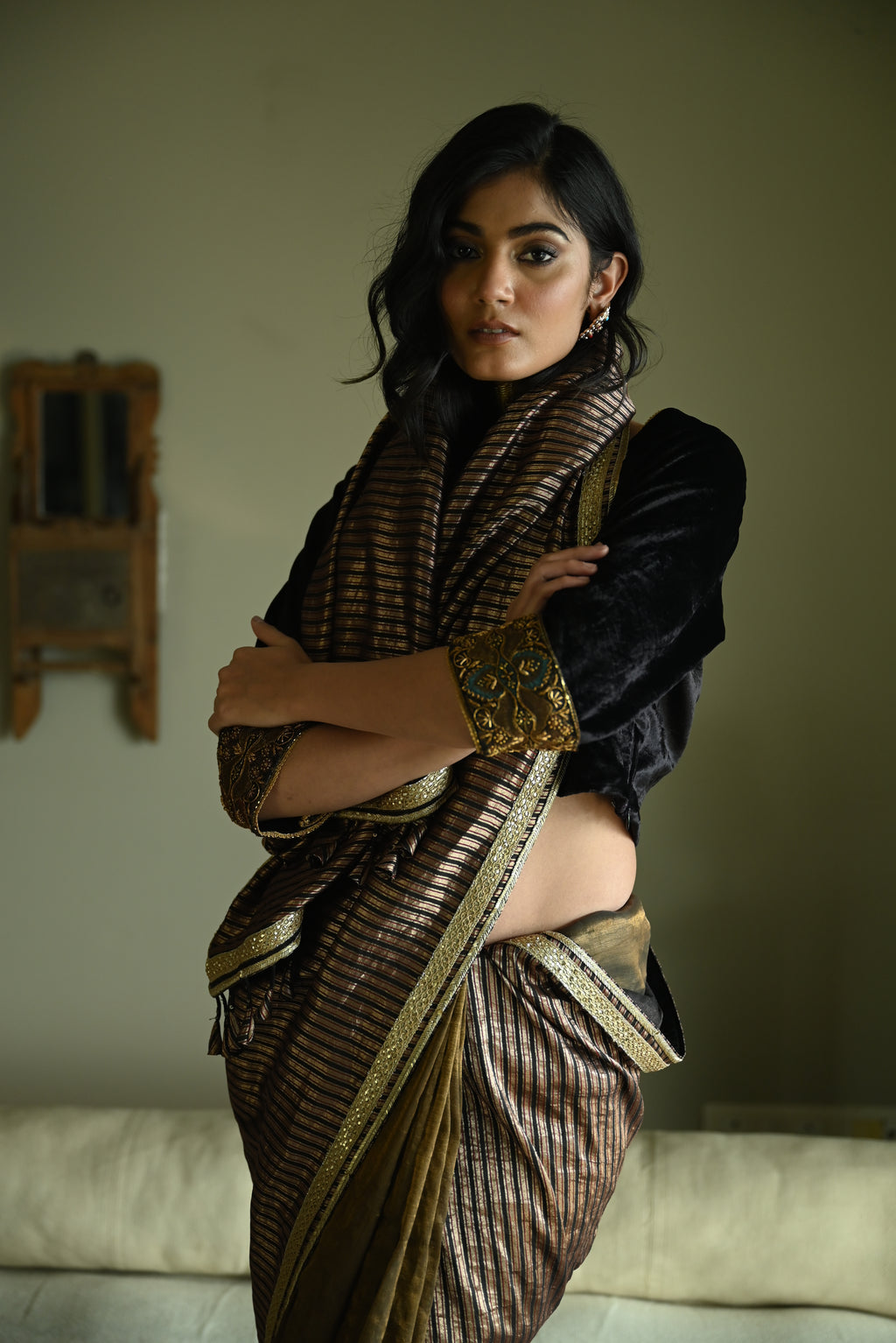 Irum Saree in Black Stripes Brocade & Tissue