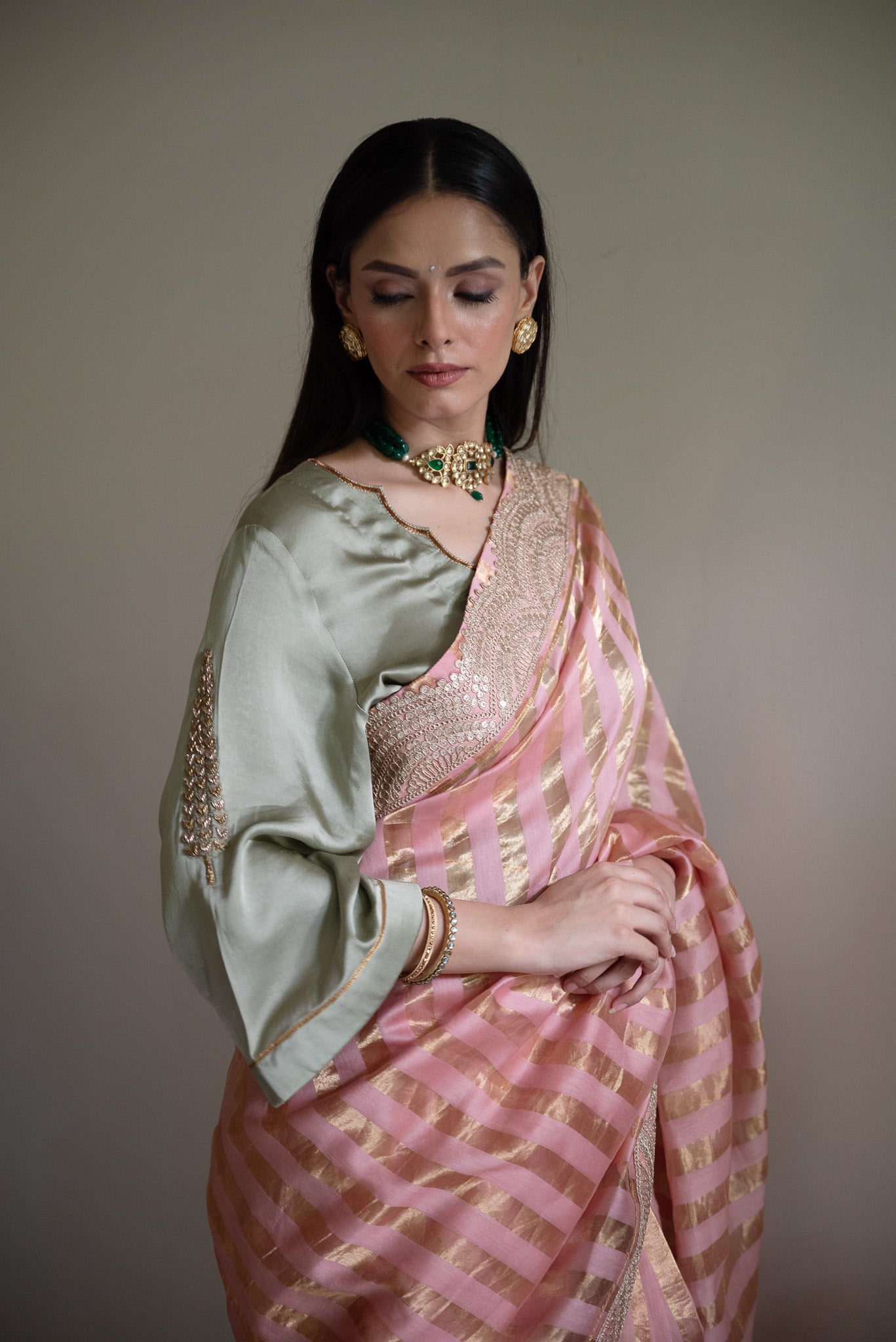 Ashok Scallop Blouse in Sage Green Silk