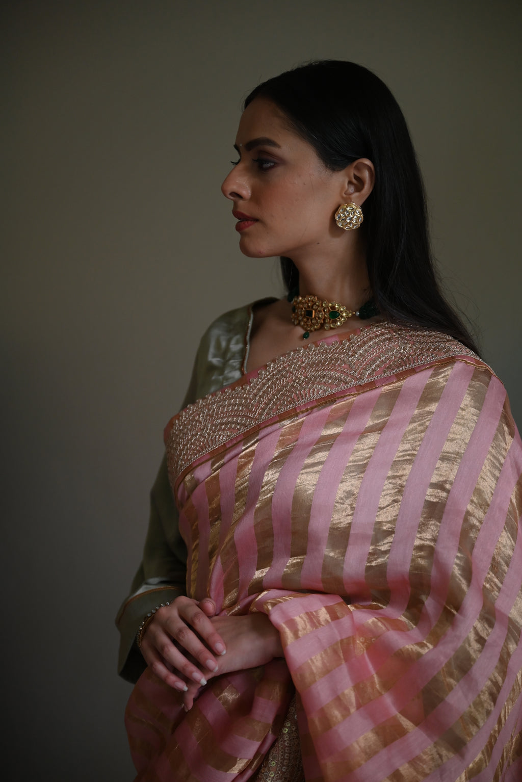 Nusrat Handloom Zari Stripe Saree in Rose Pink