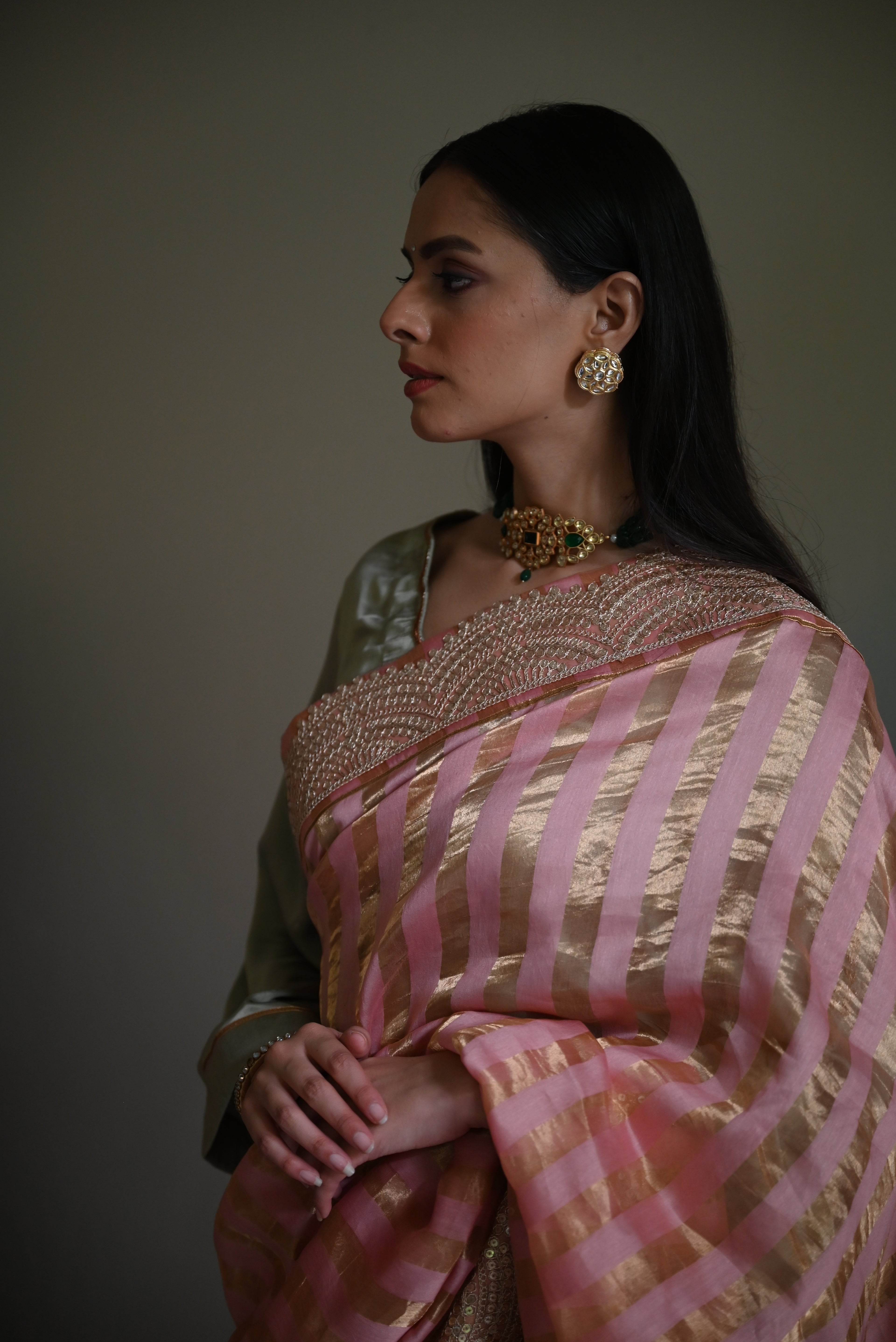 Nusrat Handloom Zari Stripe Saree in Rose Pink