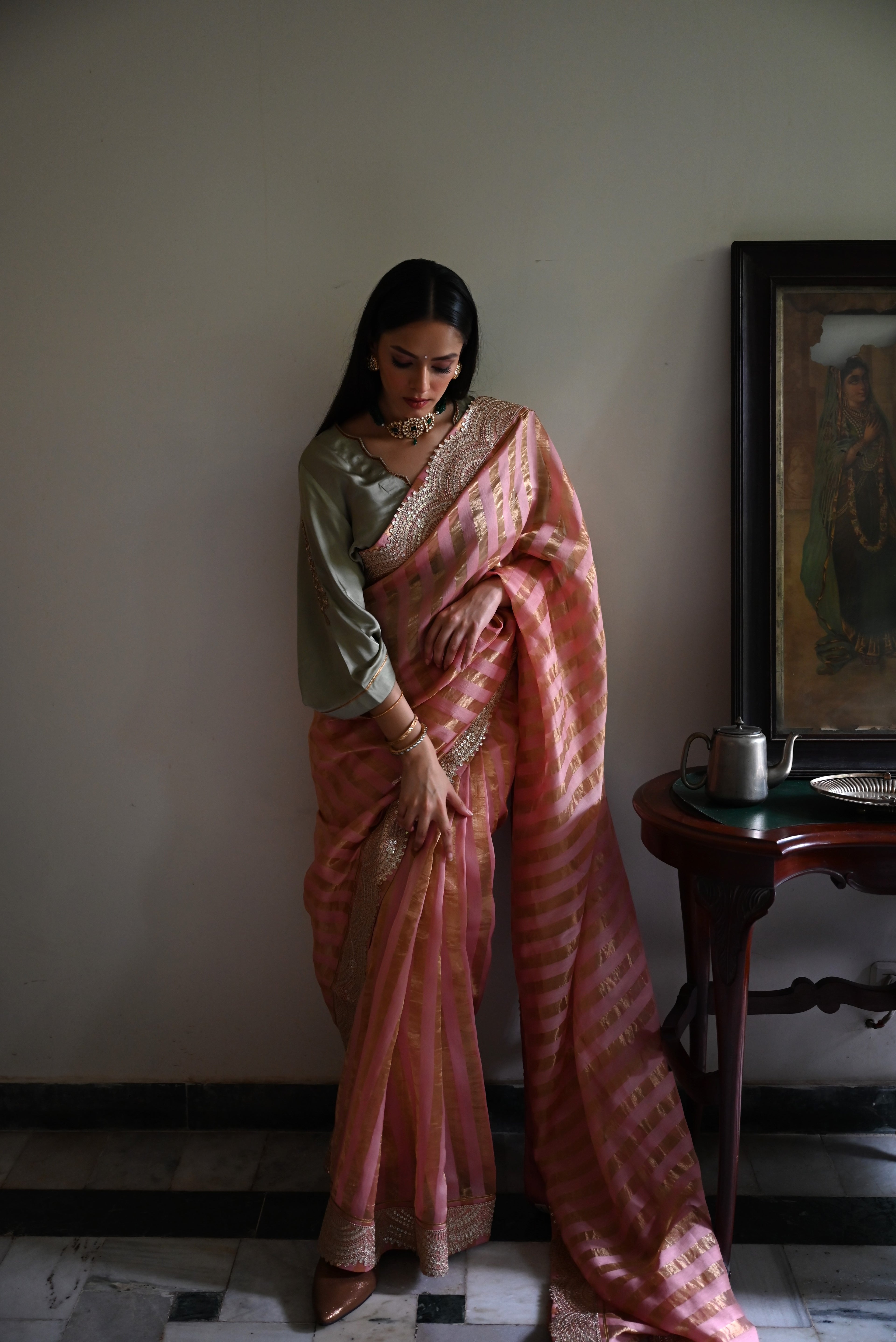 Nusrat Handloom Zari Stripe Saree in Rose Pink
