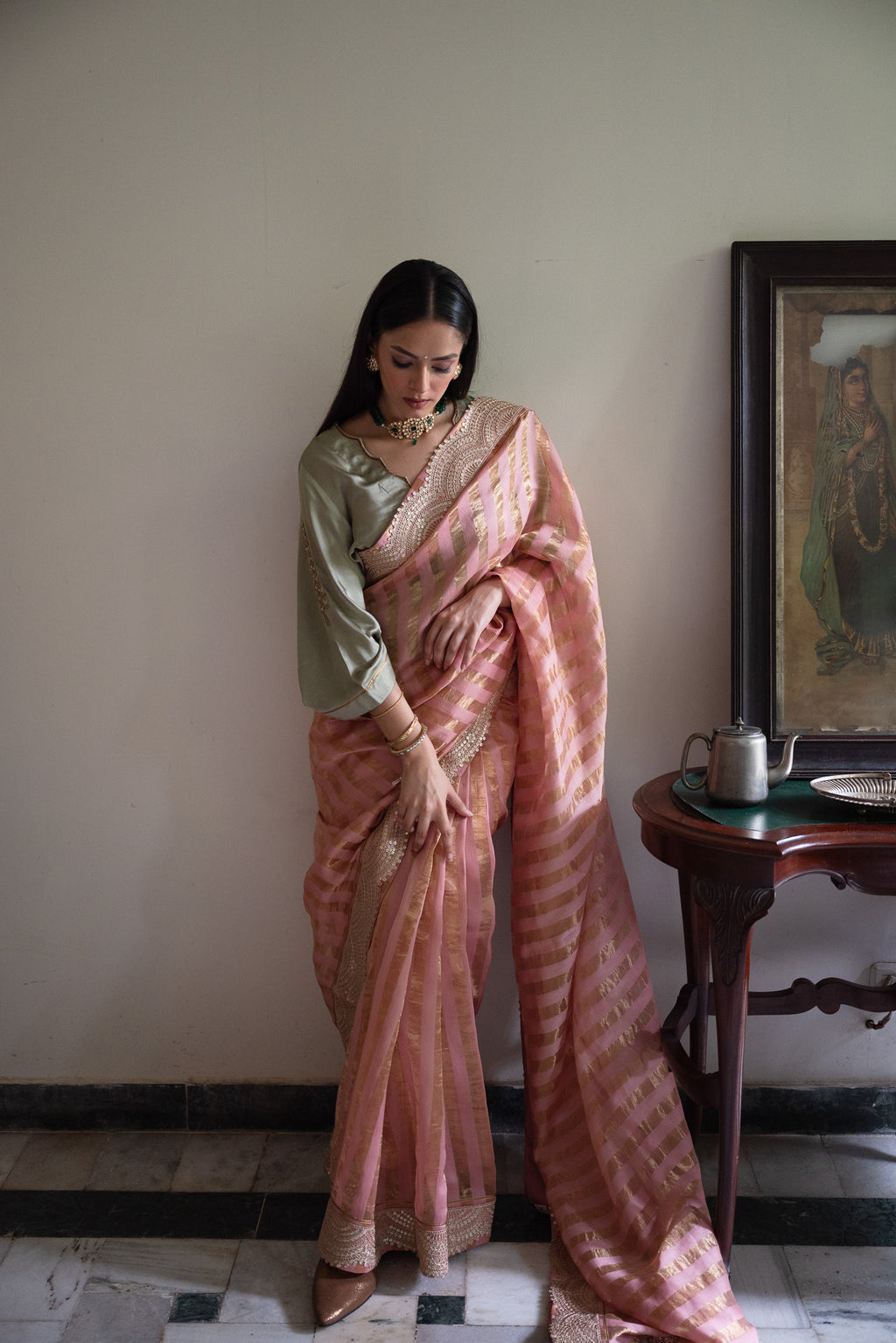 Ashok Scallop Blouse in Sage Green Silk
