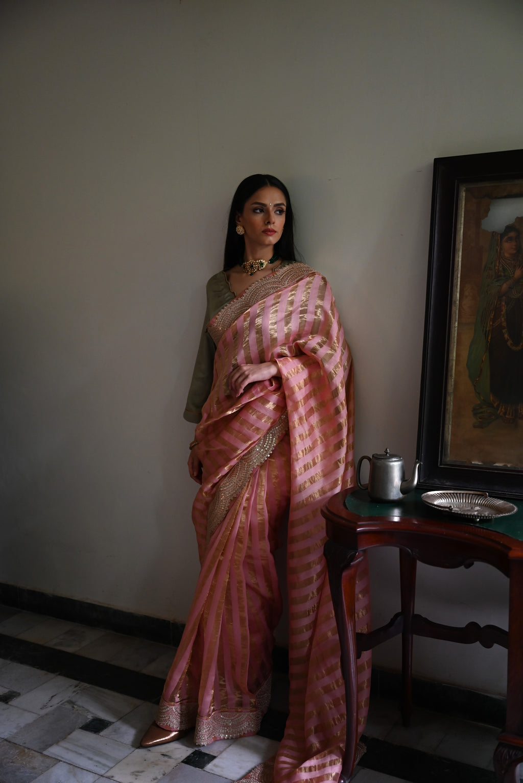 Nusrat Handloom Zari Stripe Saree in Rose Pink