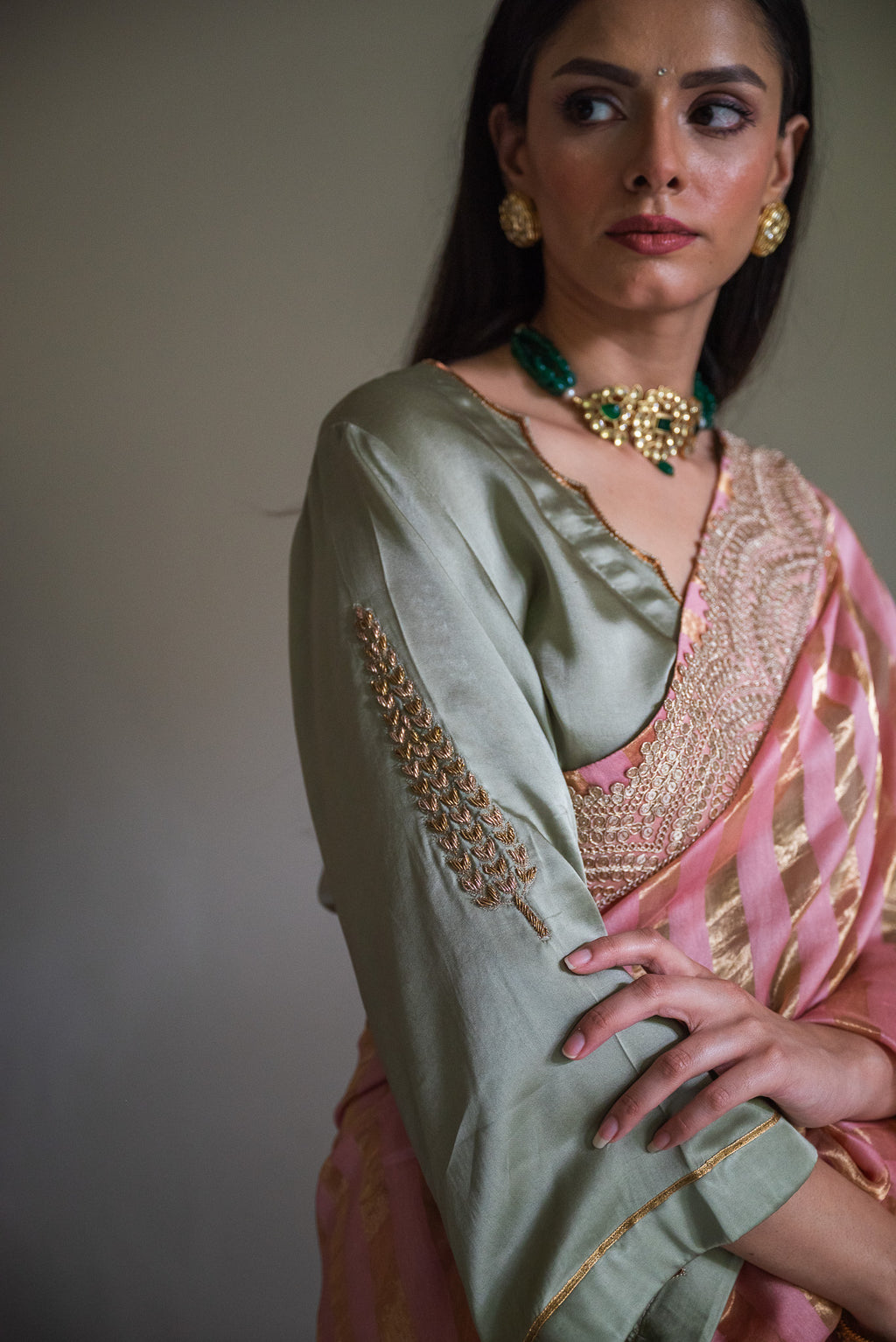 Ashok Scallop Blouse in Sage Green Silk