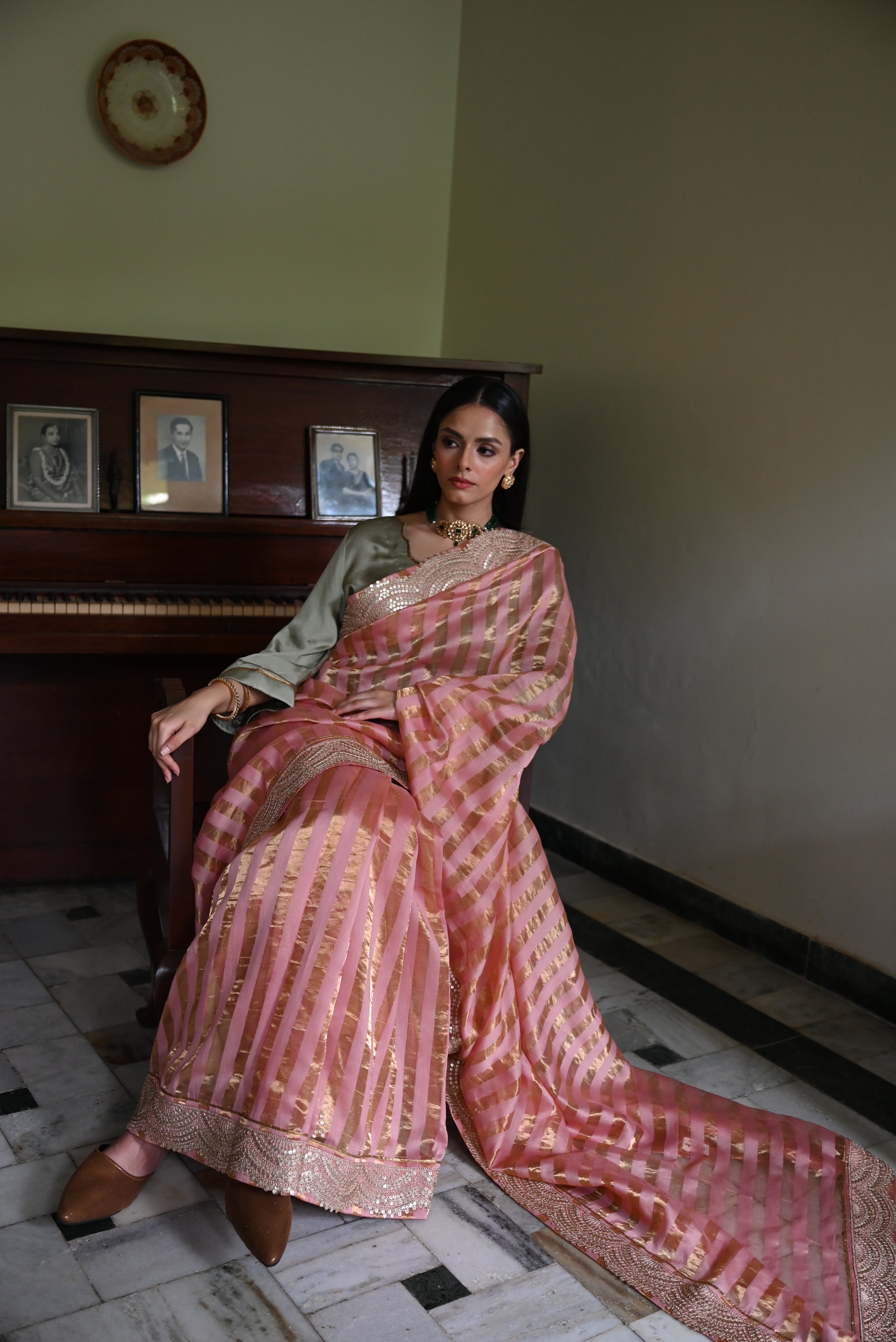 Nusrat Handloom Zari Stripe Saree in Rose Pink